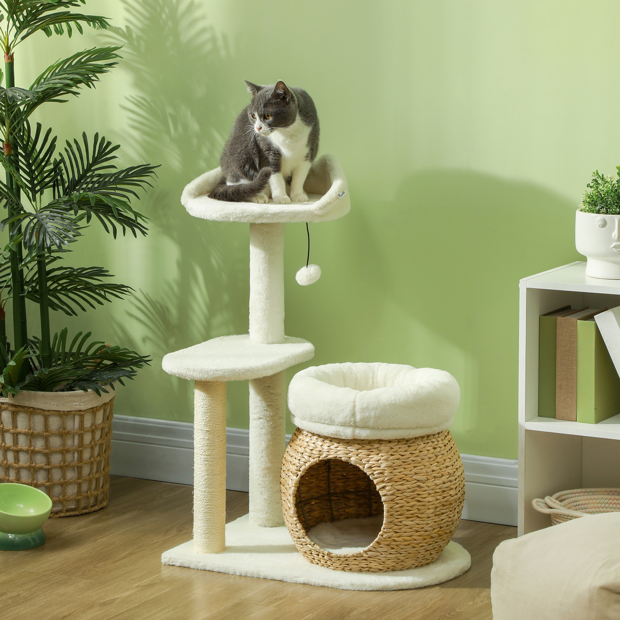 Arbre À Chat 79 Cm Avec Niche, Panier, Jouets Et Poteaux En Sisal, Blanc Crème