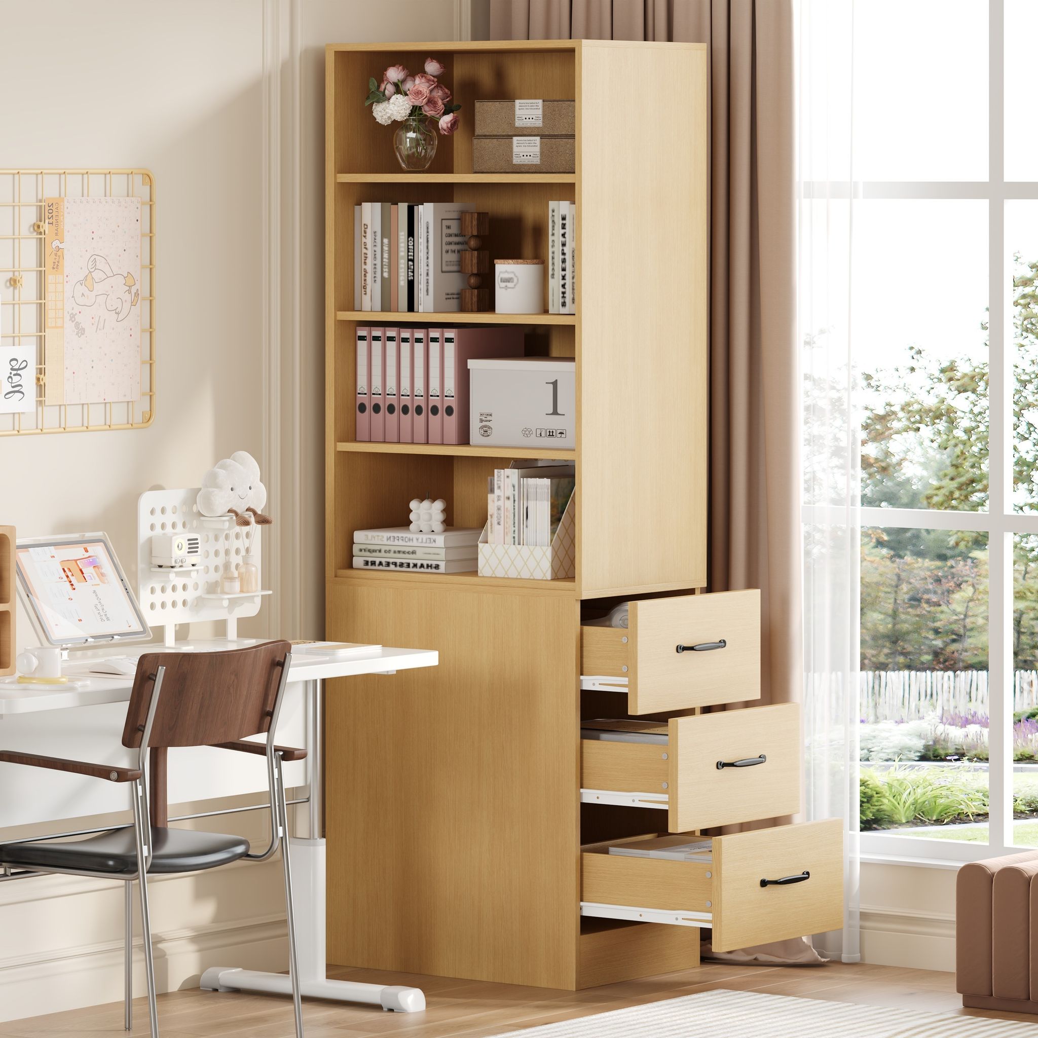 Redom Bibliothèque Meuble 60x38x180 Cm Design Étroit 3 Tiroirs Latéraux 2 Étagères Réglables, Panneau De Particules Chêne
