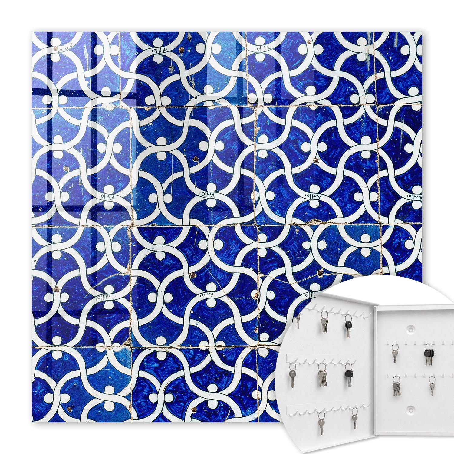 Armoire À Clés - (30 Cm X 30 Cm) - Boîte À Clés Murale - Coffret De Rangement Pour Clés - Couleur Blanche - Ouverture Vers La Gauche - Pour Maison Et Bureau - Carreaux Géométriques