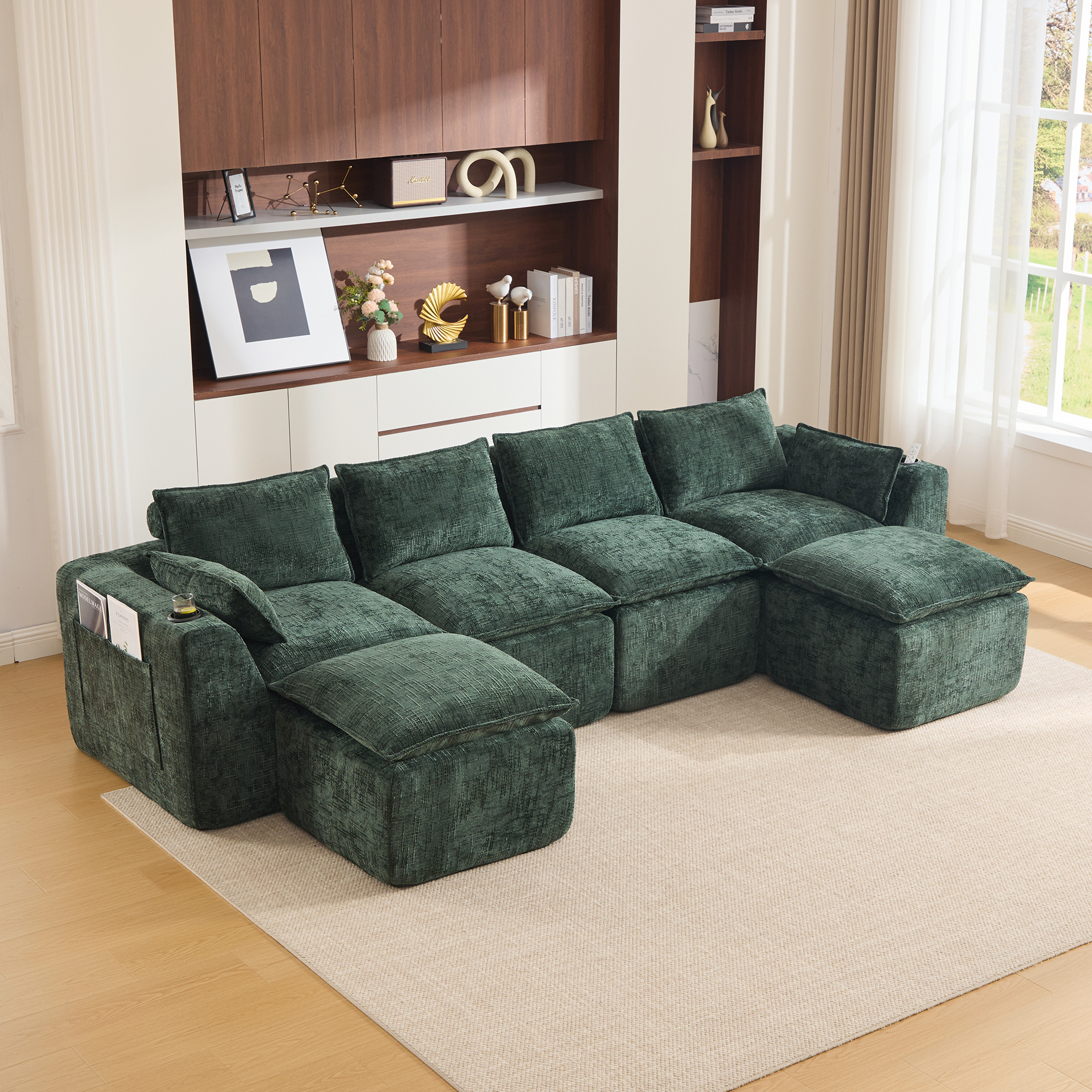 Redom - Canapé Modulaire 4 Places 322x161x75 Cm, Poches Latérales, Coussins, Combinable Librement, Chenille Verte