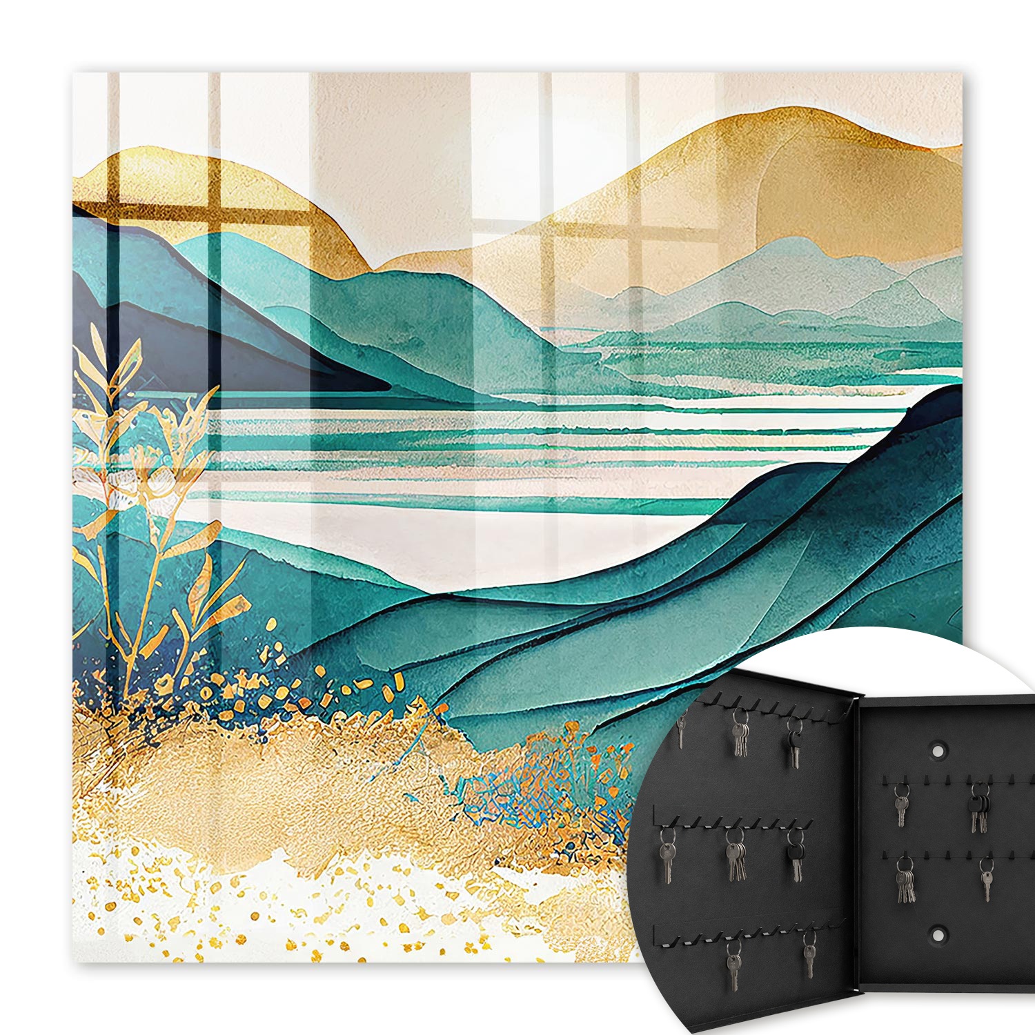 Armoire À Clés - (30 Cm X 30 Cm) - Boîte À Clés Murale - Coffret De Rangement Pour Clés - Couleur Noire - Ouverture Vers La Gauche - Pour Maison Et Bureau - Montagnes Turquoise