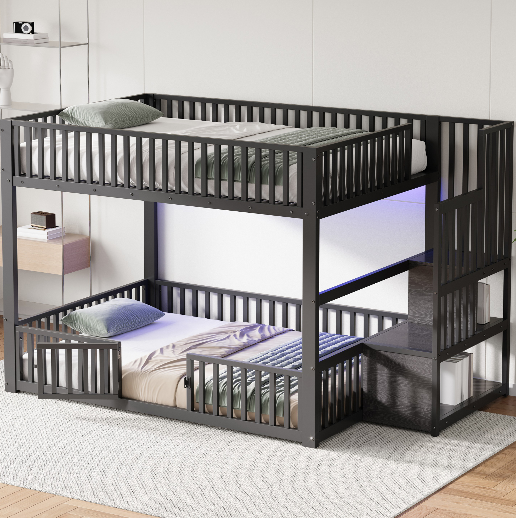 Lit Superposé Bas 140x200 Avec Escalier De Rangement Et Led, Métal Mdf Noir, Redom