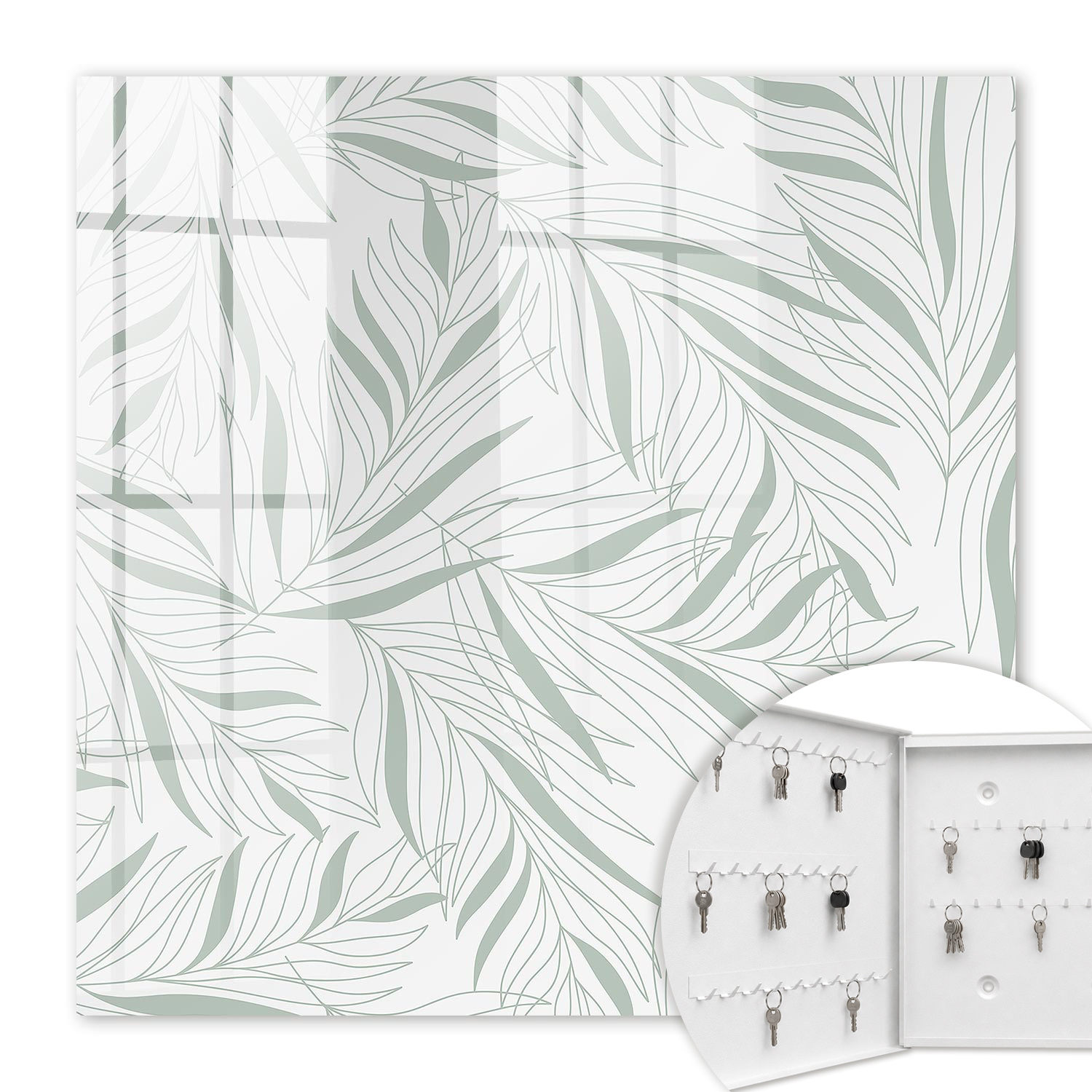 Armoire À Clés - (30 Cm X 30 Cm) - Boîte À Clés Murale - Coffret De Rangement Pour Clés - Couleur Blanche - Ouverture Vers La Gauche - Pour Maison Et Bureau - Motif De Feuilles