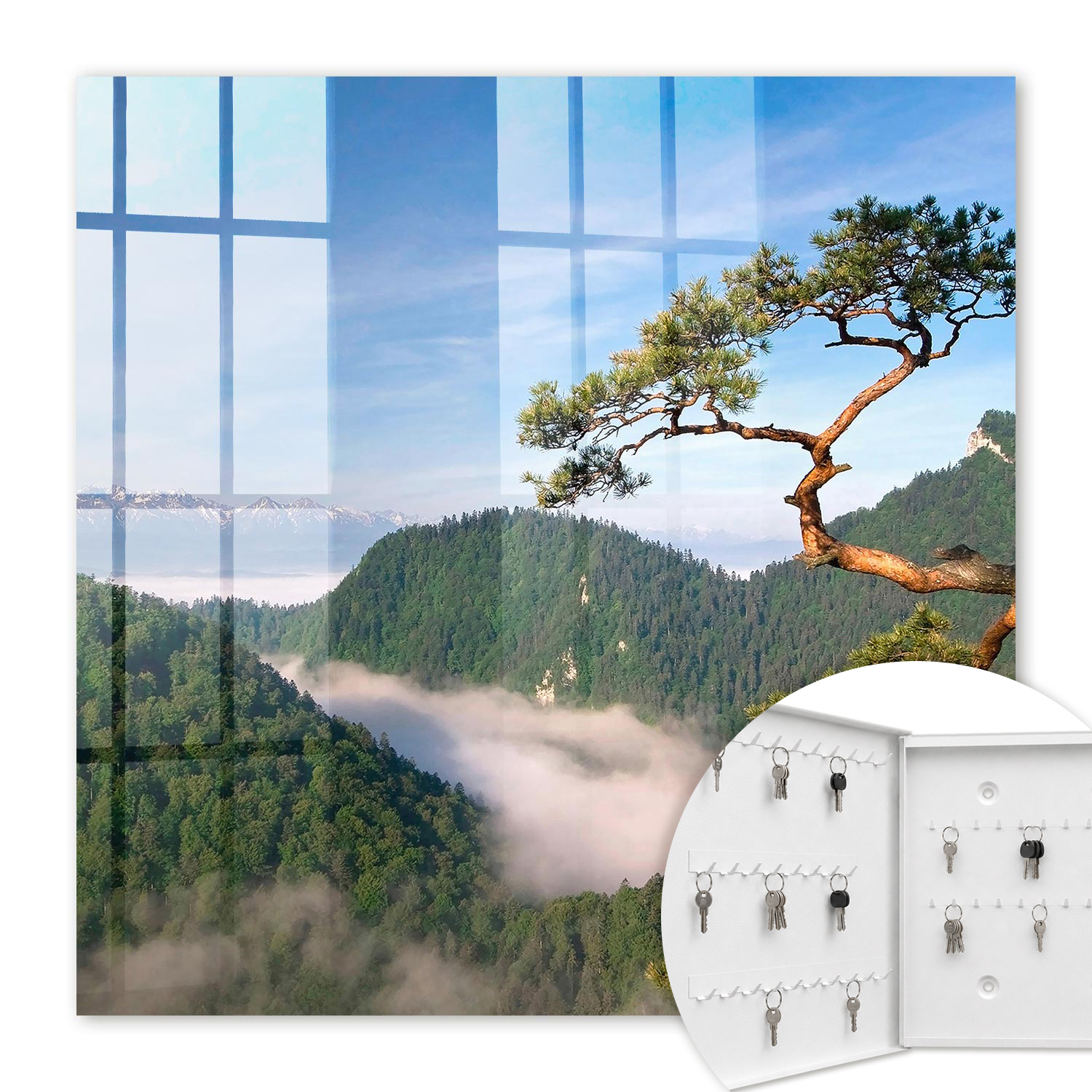 Armoire À Clés - (30 Cm X 30 Cm) - Boîte À Clés Murale - Coffret De Rangement Pour Clés - Couleur Blanche - Ouverture Vers La Gauche - Pour Maison Et Bureau - Paysage De Montagne