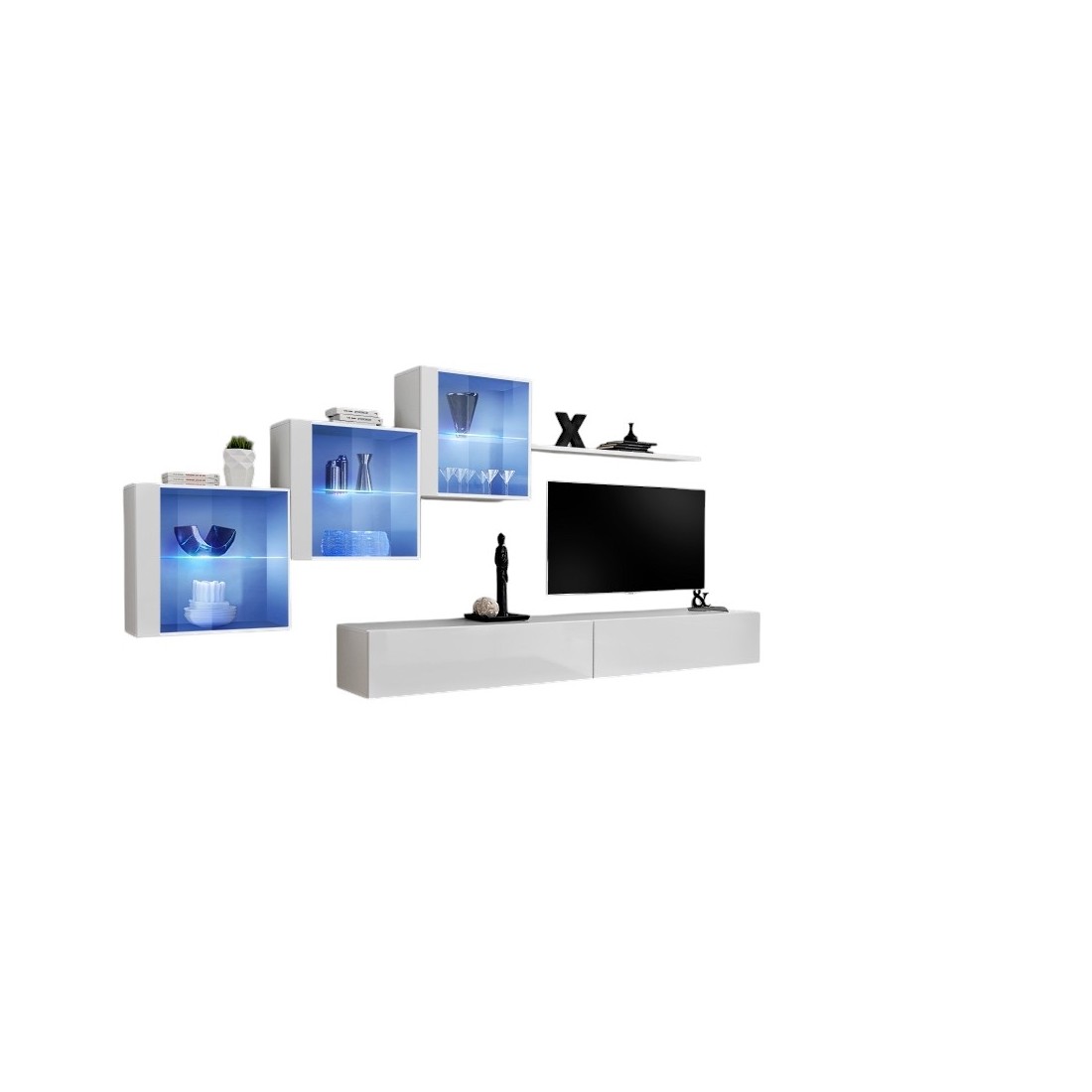 Composition Murale Switch Xx - Double Meuble Tv, Cubes Vitrés Led Et Étagère - Blanc