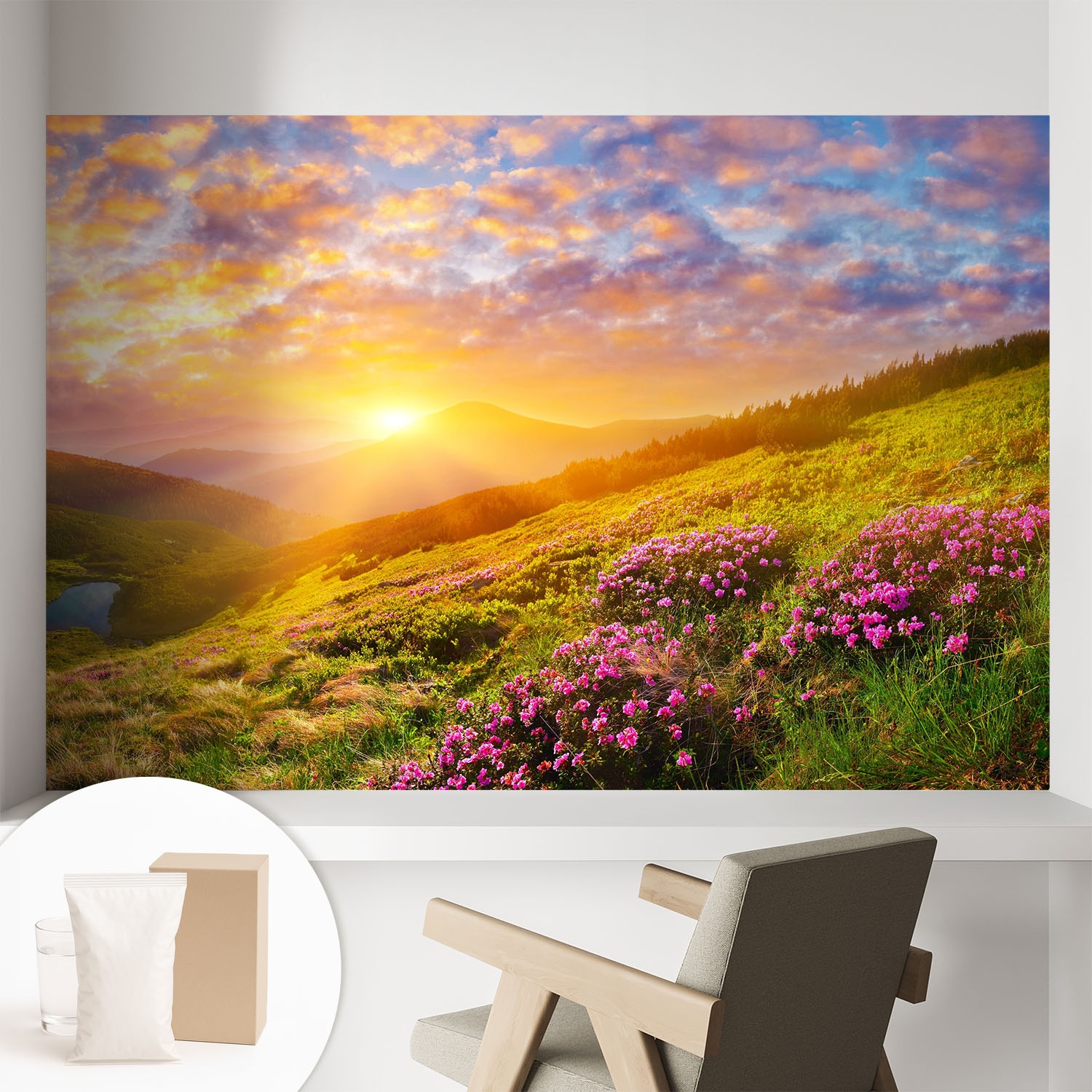 Papier Peint Intissé Décoratif Avec Motifs Pour Salon Et Chambre A Motif - Colle Incluse Gratuite Coucher De Soleil En Montagne 104x70 Cm