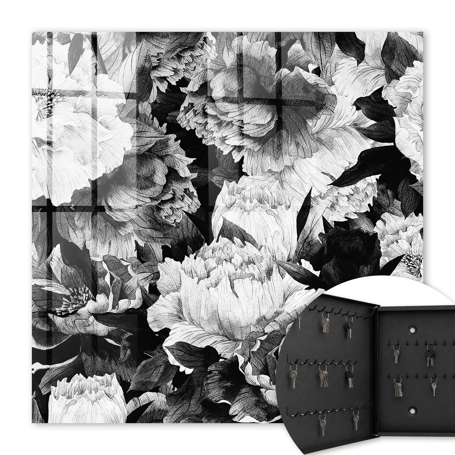 Armoire À Clés - (30 Cm X 30 Cm) - Boîte À Clés Murale - Coffret De Rangement Pour Clés - Couleur Noire - Ouverture Vers La Gauche - Pour Maison Et Bureau - Fleurs Noires Et Blanches