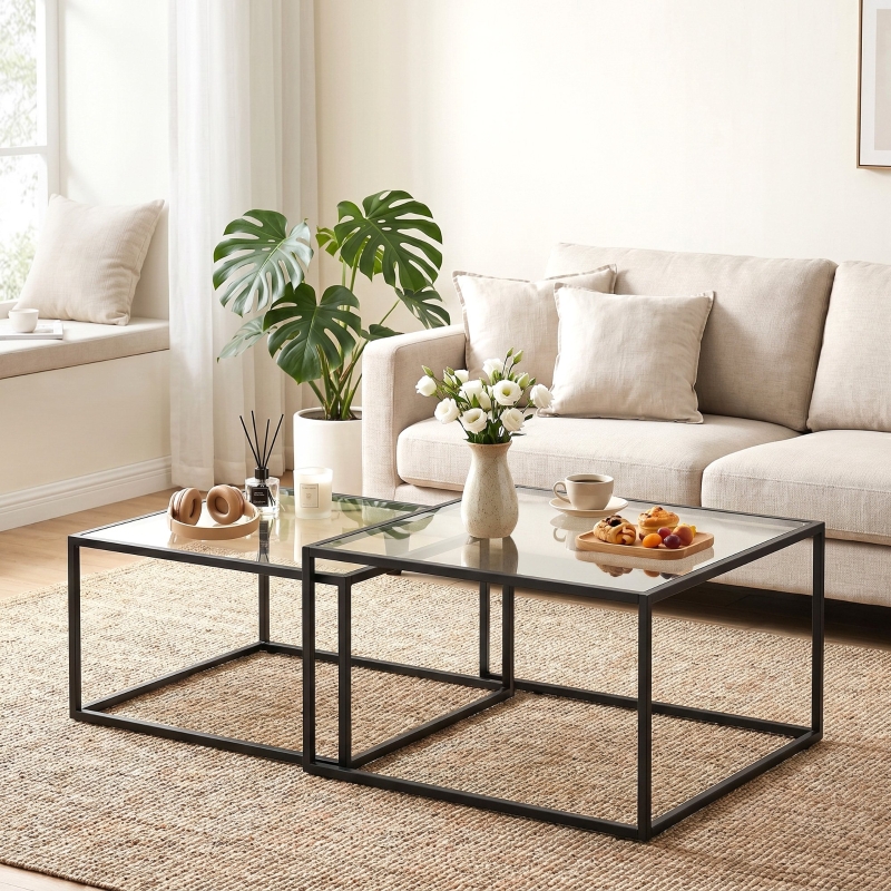 Lot De 2 Tables Basses Rondes Gigognes En Verre Trempé Et Métal Noir Pour Salon, 75 Cm