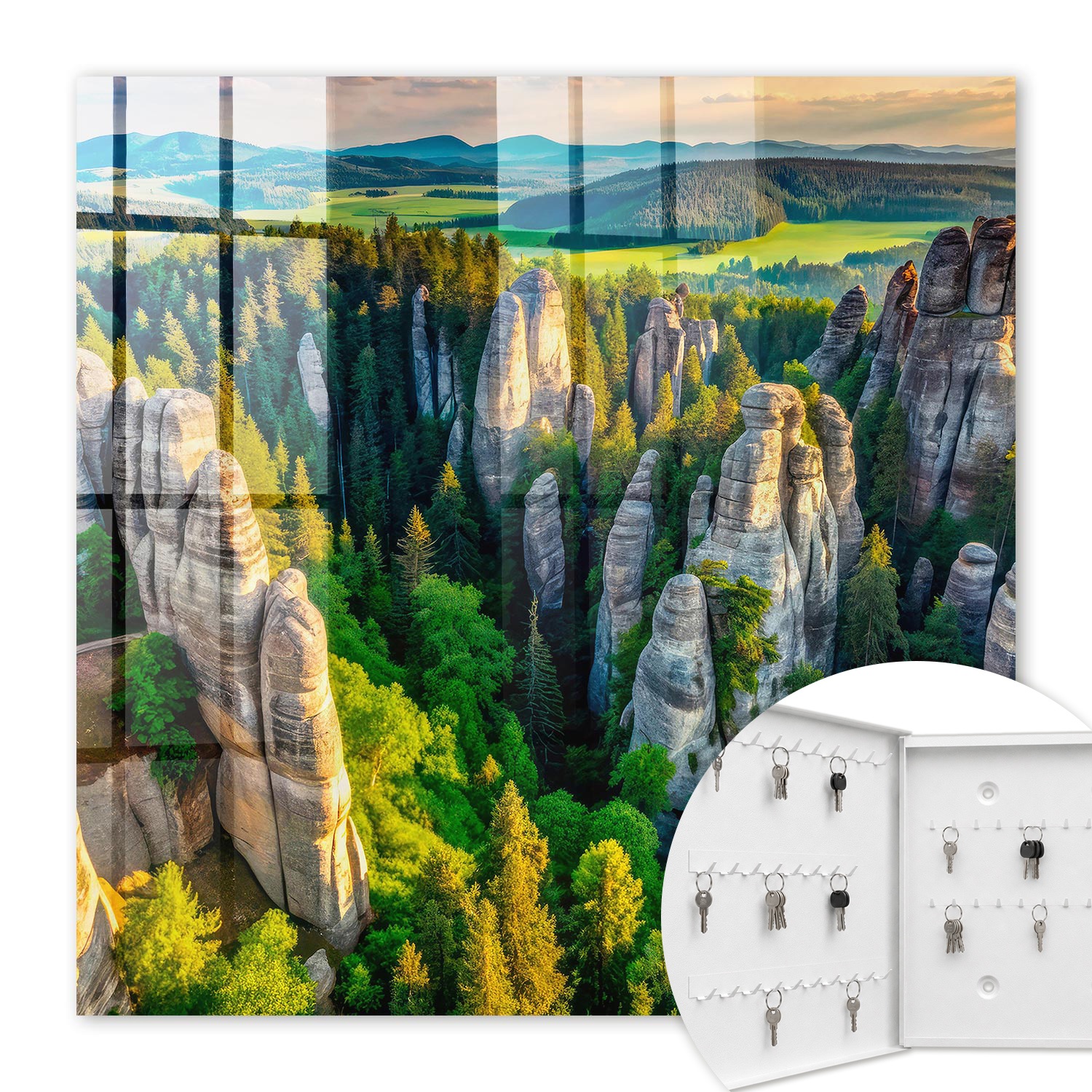 Armoire À Clés - (30 Cm X 30 Cm) - Boîte À Clés Murale - Coffret De Rangement Pour Clés - Couleur Blanche - Ouverture Vers La Gauche - Pour Maison Et Bureau - Rochers Et Forêt