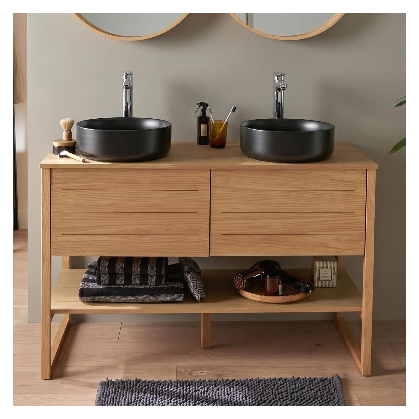 Meuble Atoll Double 120cm Chêne Vasques Noires Et Robinets