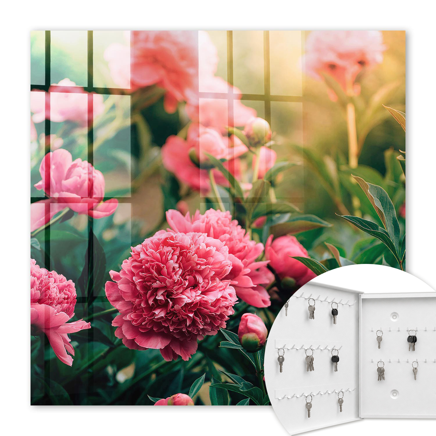 Armoire À Clés - (30 Cm X 30 Cm) - Boîte À Clés Murale - Coffret De Rangement Pour Clés - Couleur Blanche - Ouverture Vers La Gauche - Pour Maison Et Bureau - Pivoines Roses