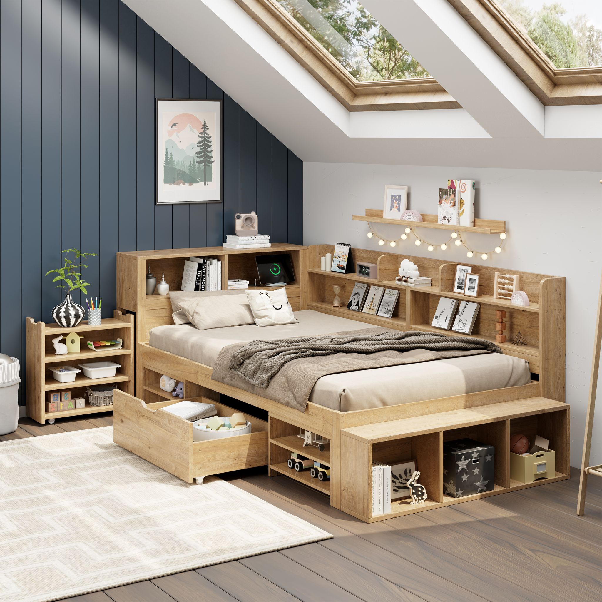 Redom Lit Enfant 90x200 Cm Avec Tiroir, Étagères Et Armoires De Rangement, Contreplaqué, Naturel (sans Matelas)