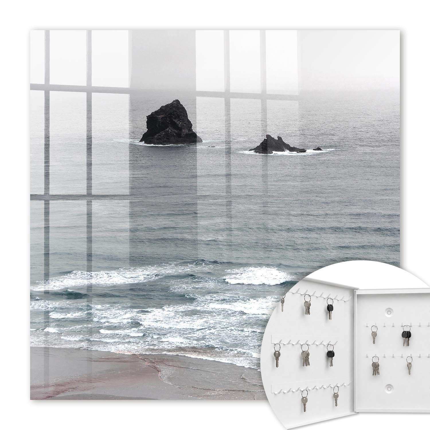 Armoire À Clés - (30 Cm X 30 Cm) - Boîte À Clés Murale - Coffret De Rangement Pour Clés - Couleur Blanche - Ouverture Vers La Gauche - Pour Maison Et Bureau - Mer De Rochers