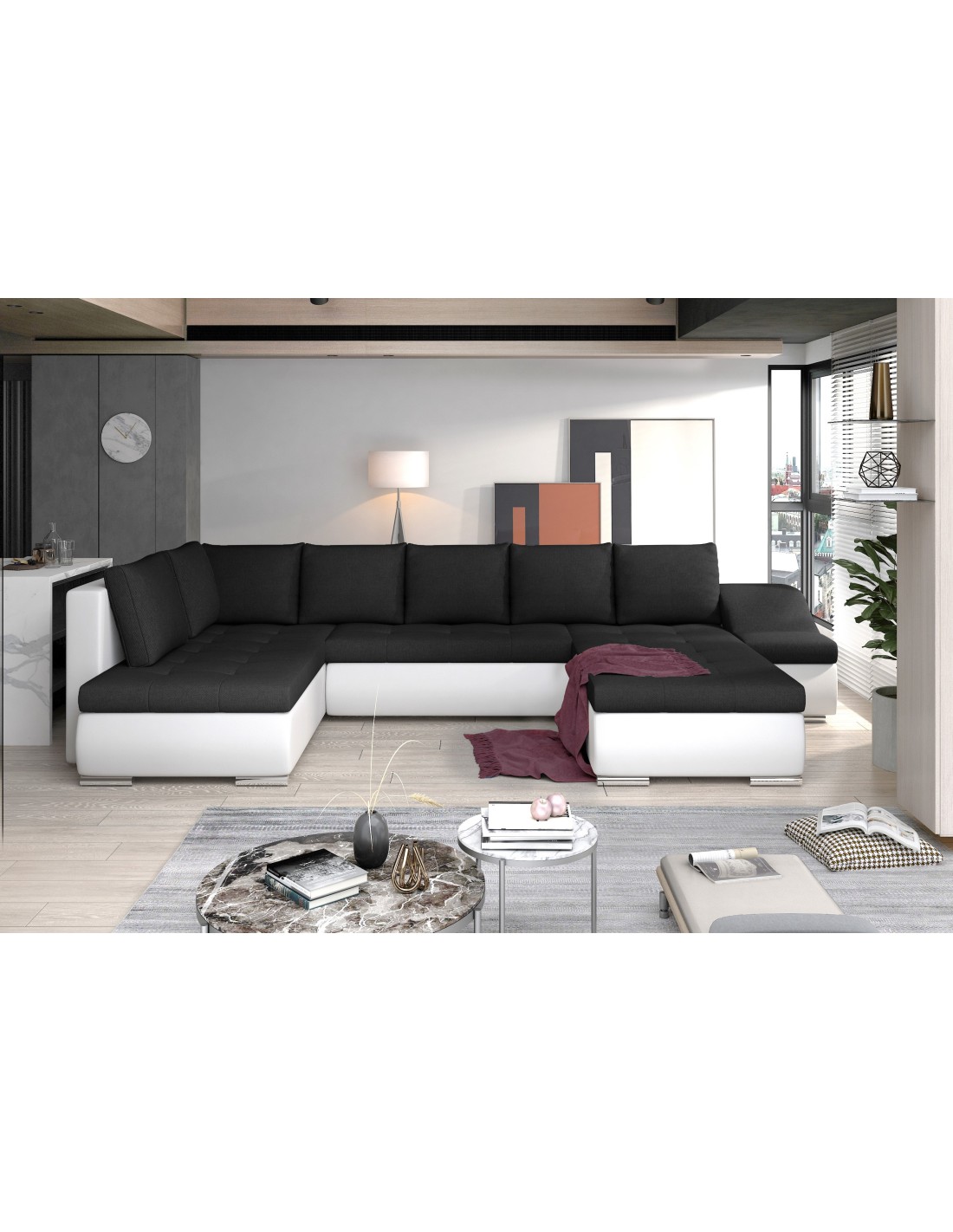 Canapé Panoramique Gyovani Noir Et Blanc Angle Droit Convertible Couchage 140x294cm