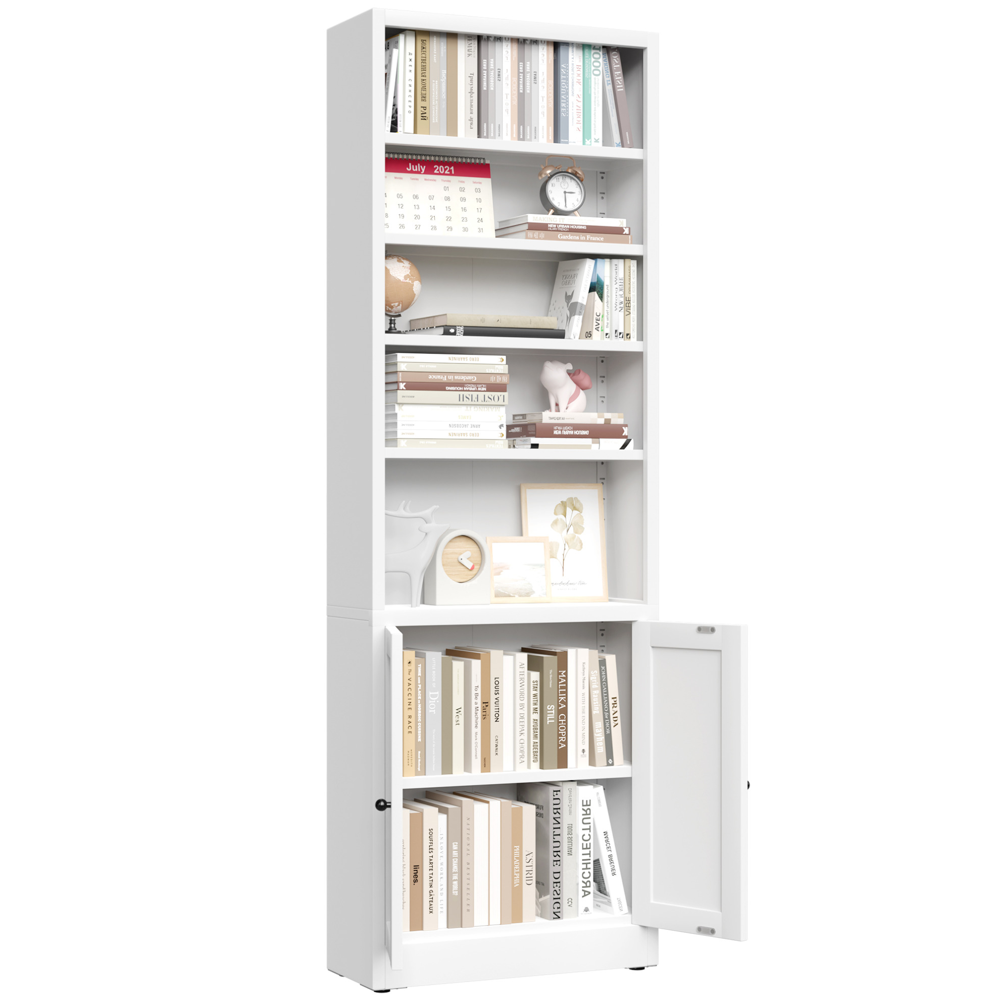 Bibliothèque En Métal Blanc À 5 Niveaux Avec Porte, Étagères Réglables, H 180 X L 60 X P 23,6 Cm
