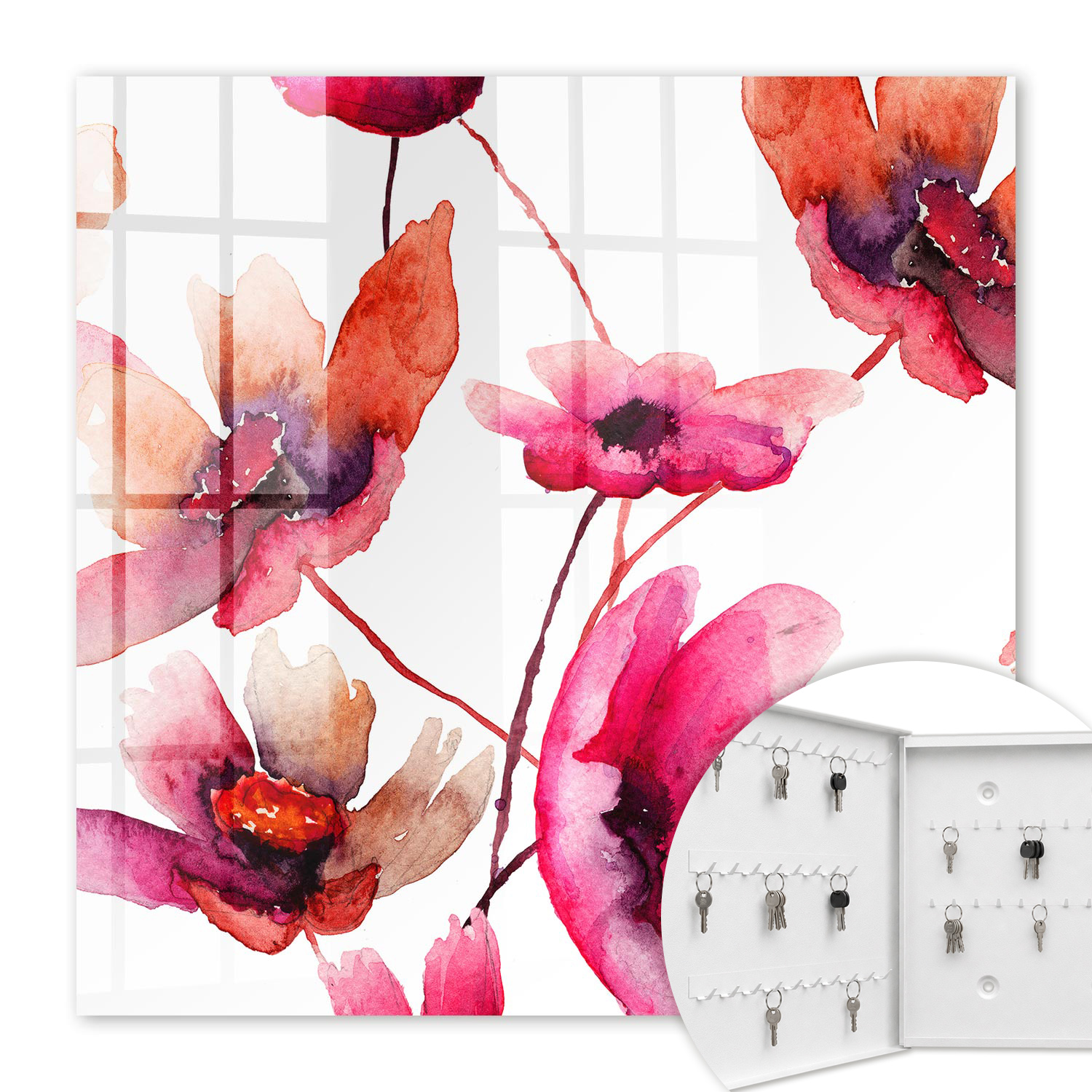 Armoire À Clés - (30 Cm X 30 Cm) - Boîte À Clés Murale - Coffret De Rangement Pour Clés - Couleur Blanche - Ouverture Vers La Gauche - Pour Maison Et Bureau - Fleurs À L'Aquarelle