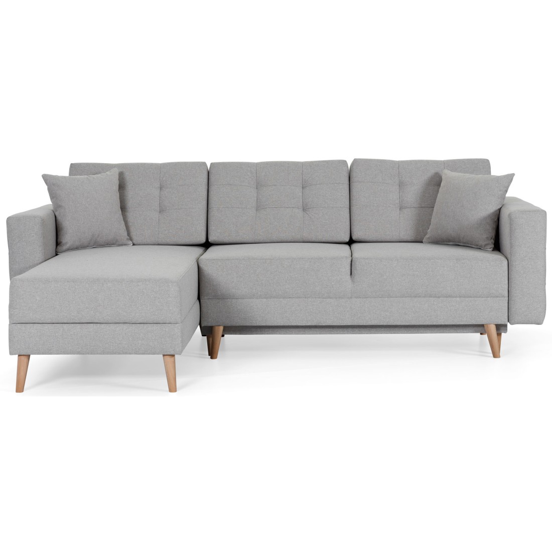 Canapé D'Angle Convertible Hasgard 3 Places Gris 248x162 Cm - Coffre Et Pieds Bois