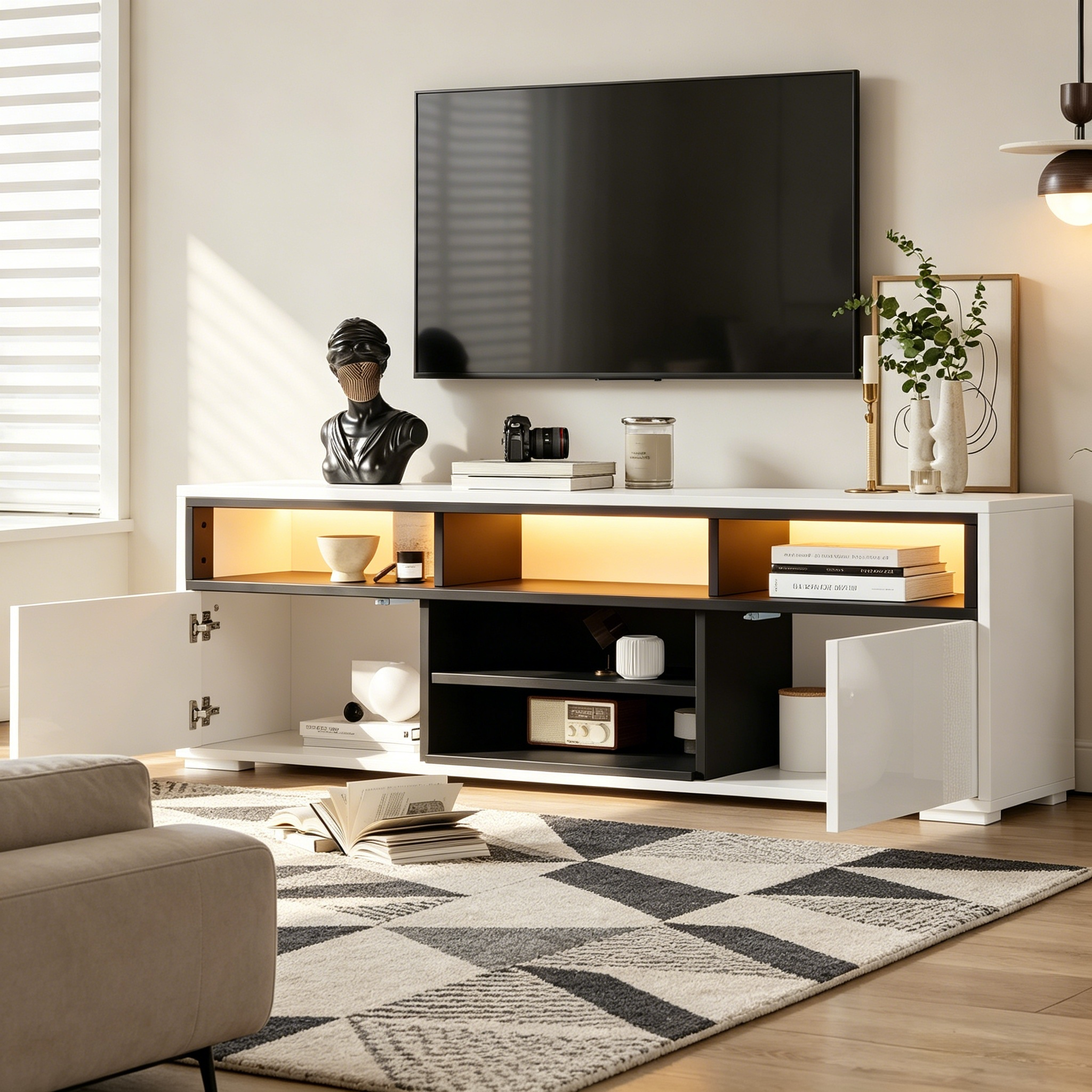 Redom Meuble Tv 150x35x50 Cm, Led Intégrée, 2 Portes Et Rangements Ouverts, Passages De Câbles, Panneau De Particules Blanc