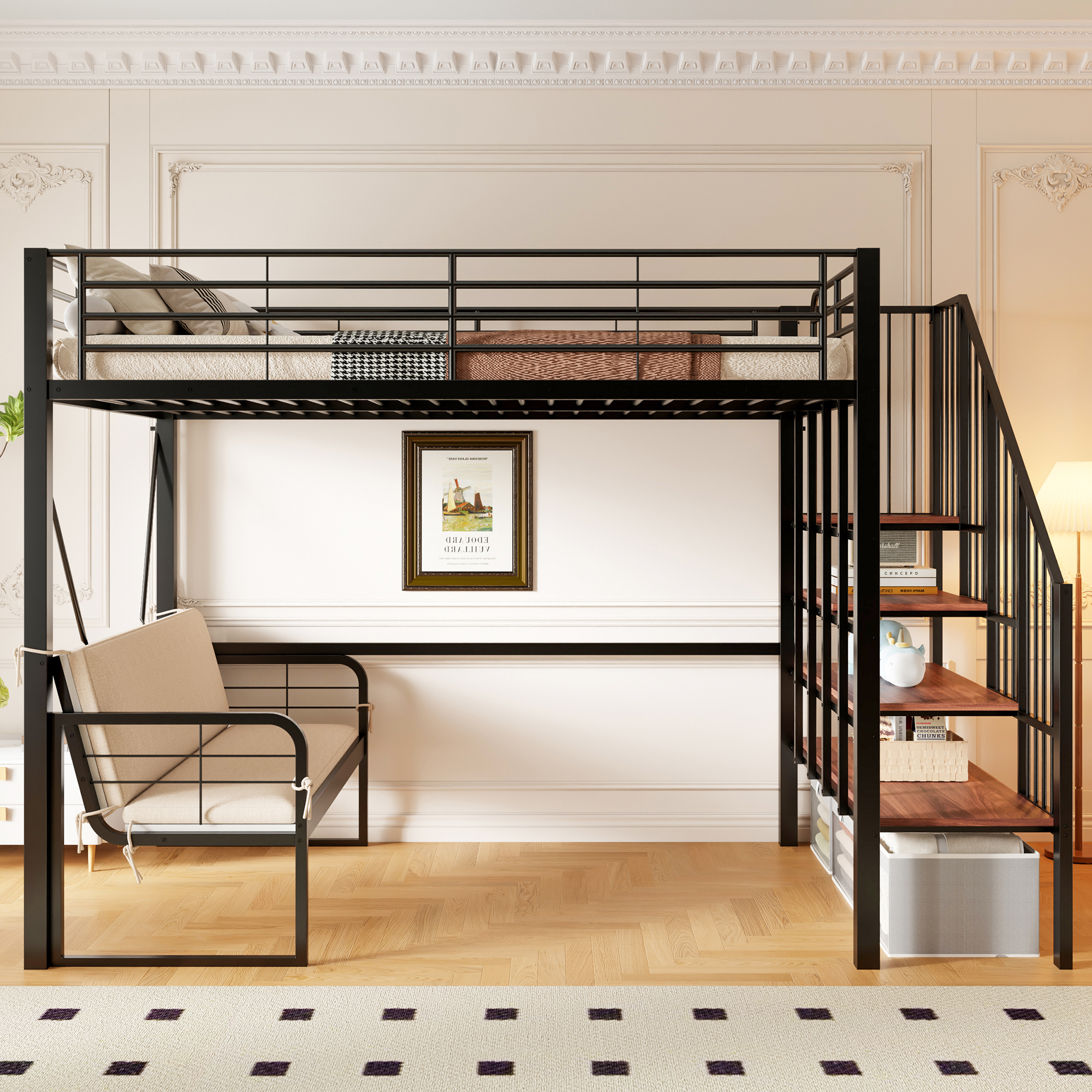Redom Lit Superposé 140x200 Cm Avec Canapé Amovible Et Escalier De Rangement Métal Noir (sans Matelas)