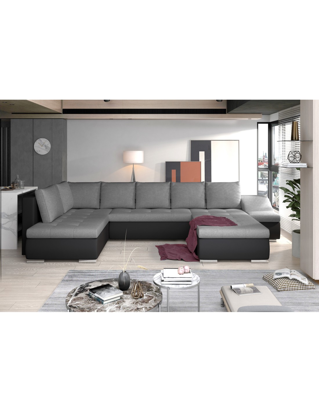 Canapé Panoramique Gyovani Gris Et Noir Angle Droit Convertible Pieds Métal