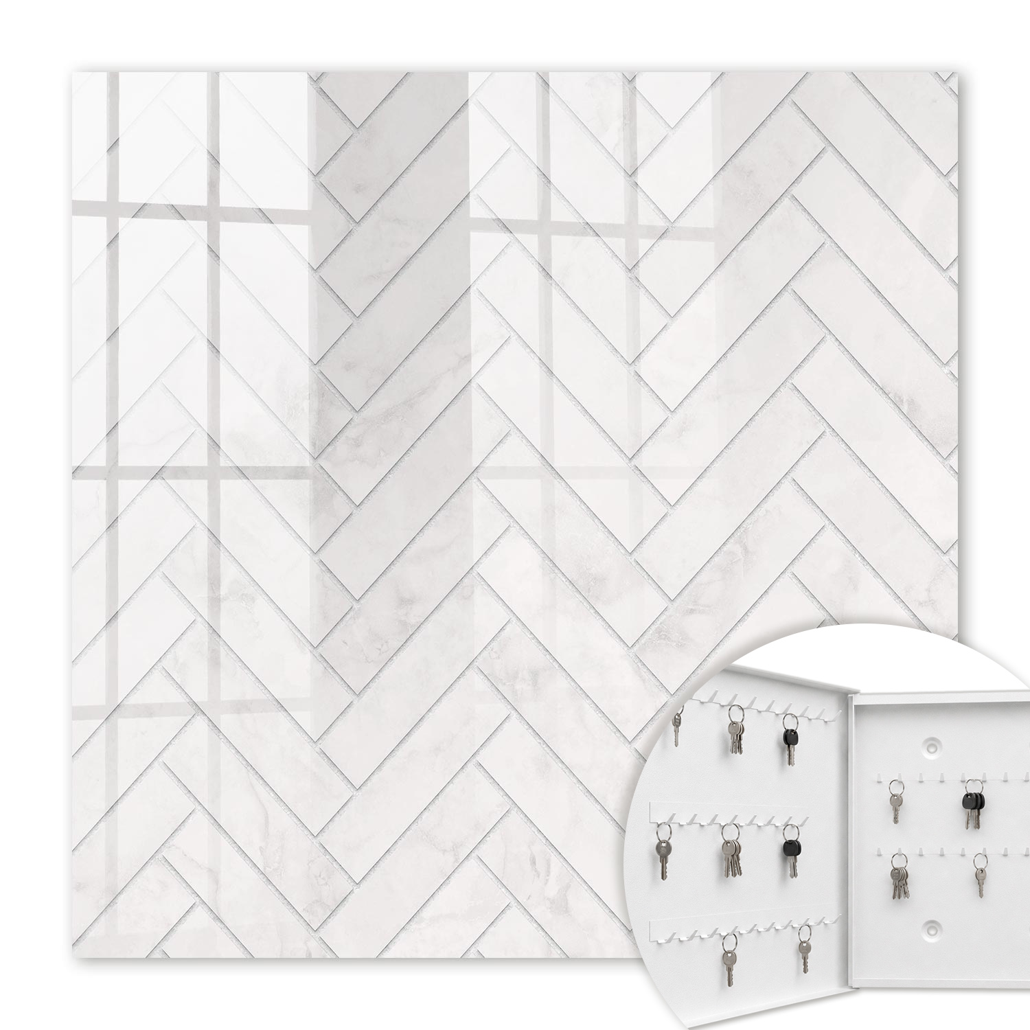Armoire À Clés - (30 Cm X 30 Cm) - Boîte À Clés Murale - Coffret De Rangement Pour Clés - Couleur Blanche - Ouverture Vers La Gauche - Pour Maison Et Bureau - Motif À Chevrons En Marbre