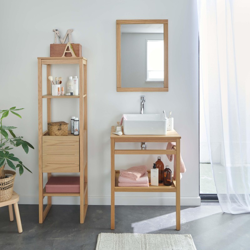 Meuble Hopp 60cm Chêne, Vasque Carrée, Robinet, Miroir, Colonne