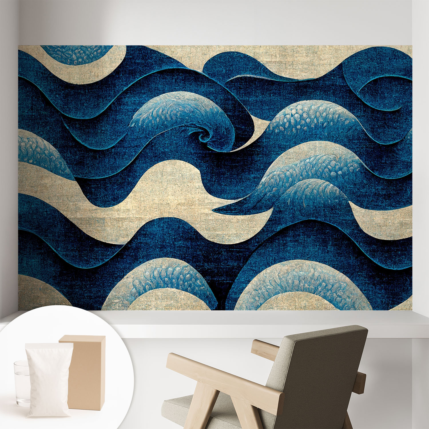 Papier Peint Intissé Mural Pour Salon Chambre À Coucher Tendance Et Originale - Colle Incluse Gratuite Vagues Bleues 104x70 Cm