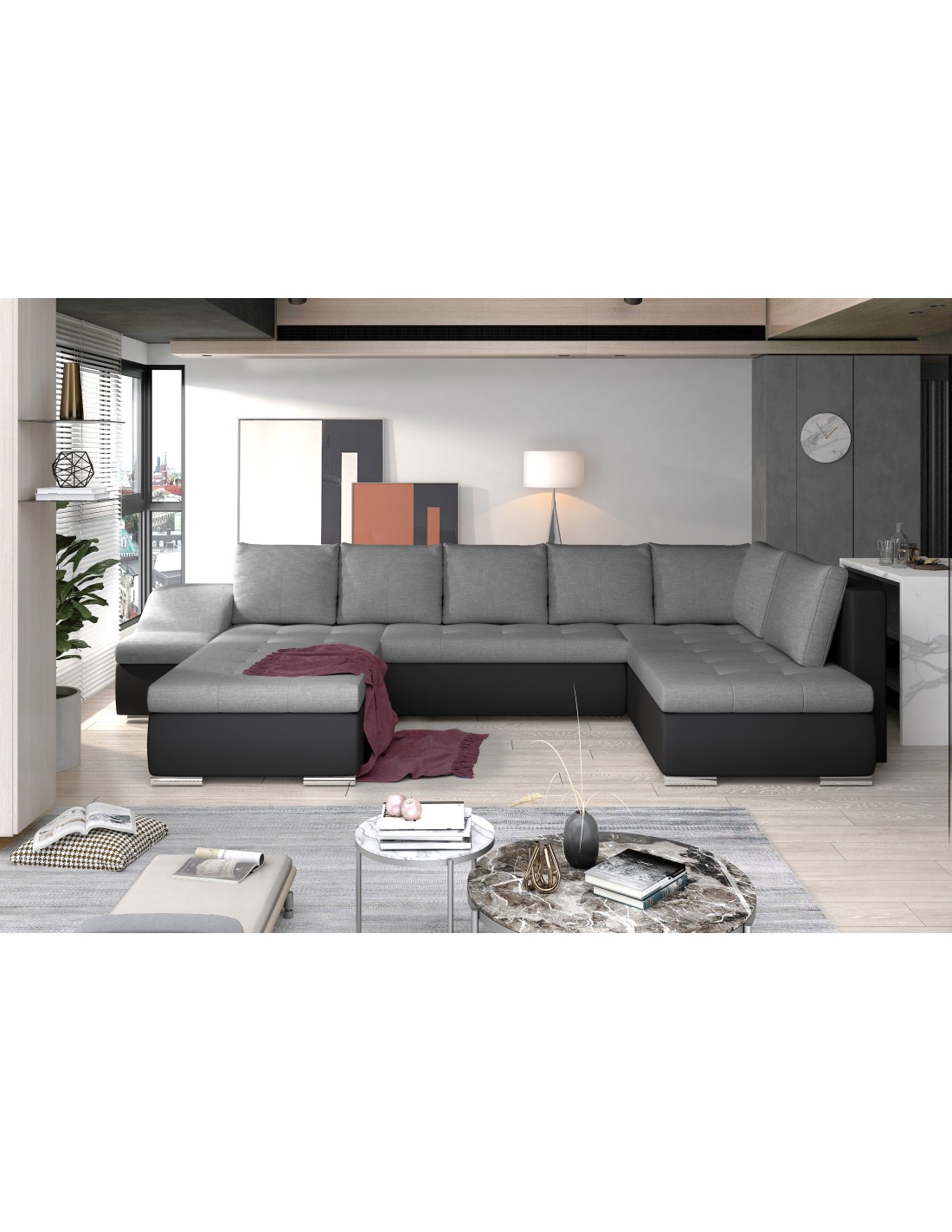 Canapé Panoramique Gyovani Gris Et Noir Angle Gauche Convertible Couchage 140x294cm