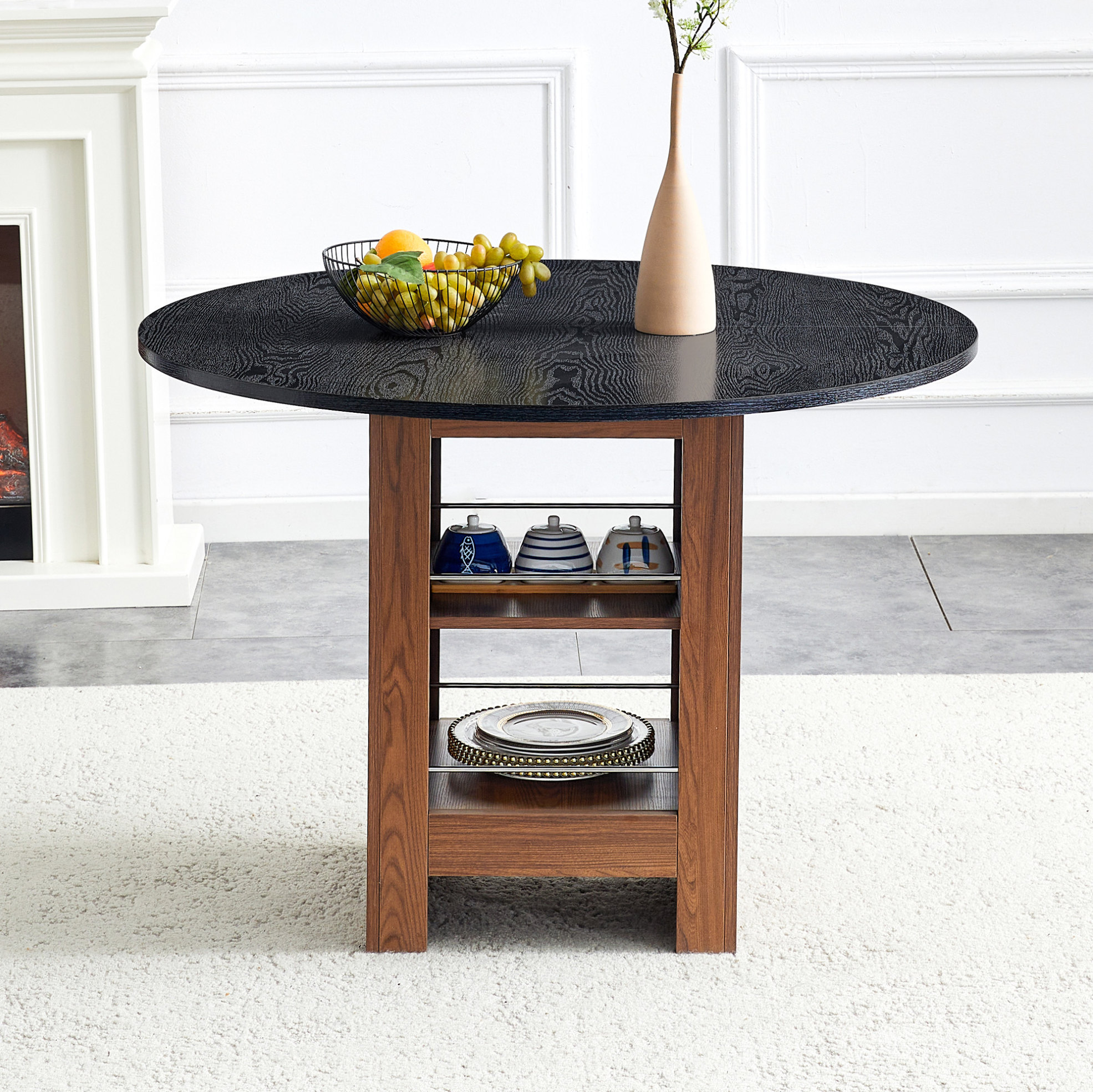 Table À Manger Ronde 100 Cm Avec Rangement, Mdf Effet Noyer Et Noir, 2 À 4 Places