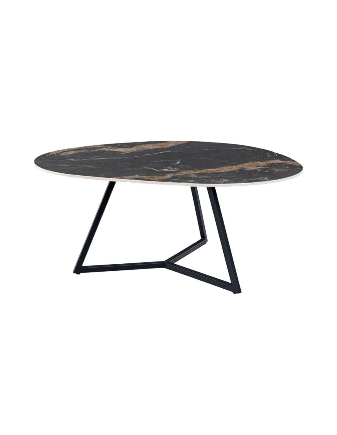 Table Basse Petrano 90 Cm En Céramique Noire Effet Marbre Sable Et Métal Noir - Forme Organique