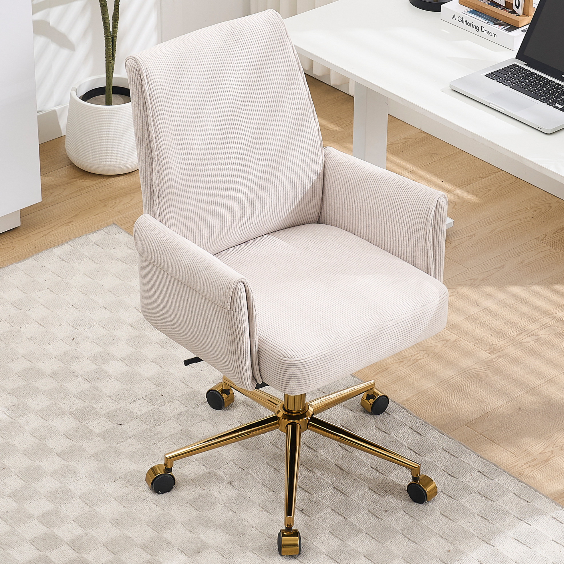Redom - Chaise De Bureau Pivotante, Design Ergonomique, Soutien Lombaire, Base En Métal Doré, Velours Côtelé Blanc