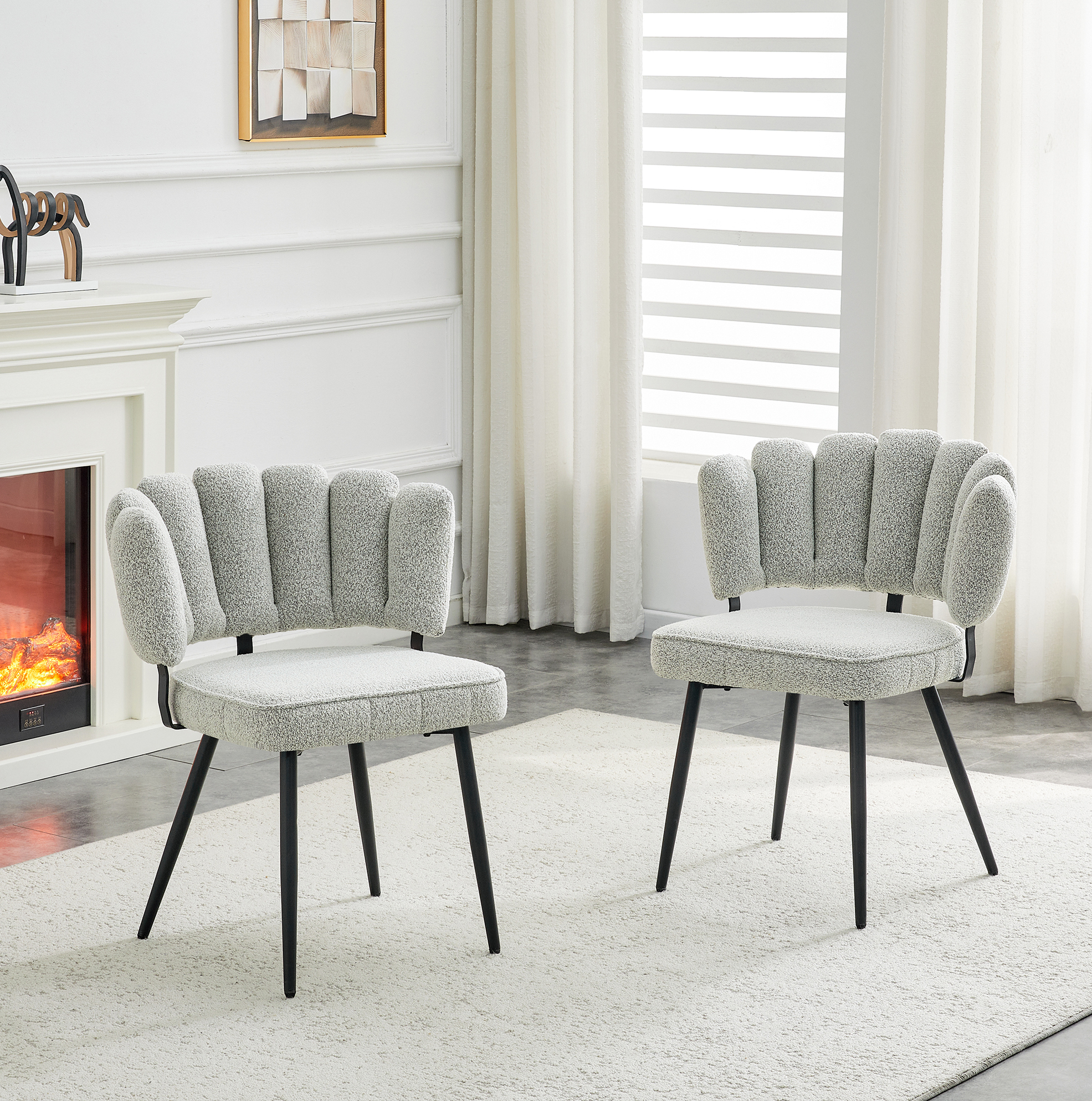 Redom - Lot De 2 Chaises De Salle À Manger, Dossier En Forme De Fleur, Velours Texturé, Pieds En Métal Noir, Gris Clair