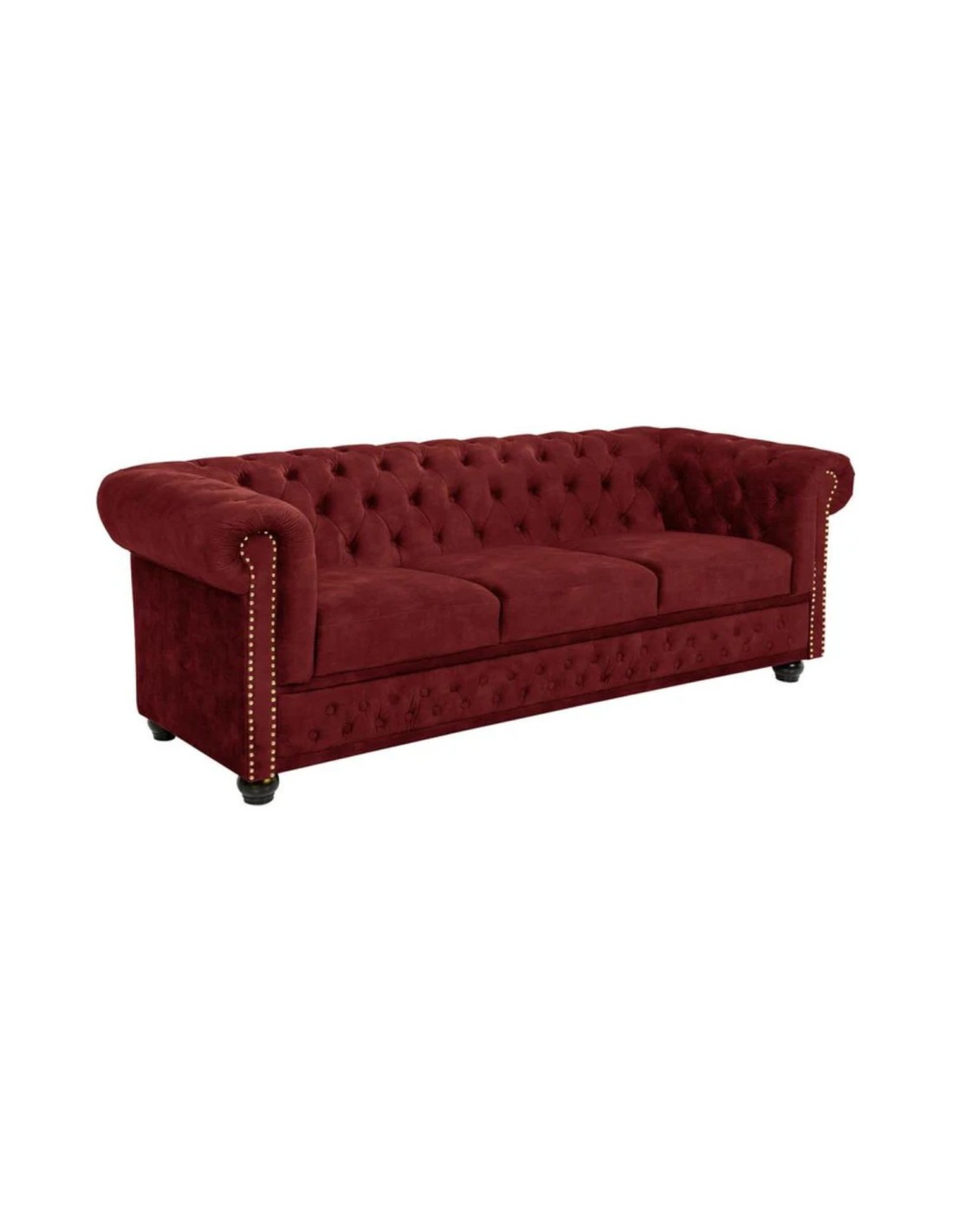 Canapé Droit Chesterfield Edgar 3 Places En Velours Capitonné - Rouge Rubis - 205 X 72 X 85 Cm
