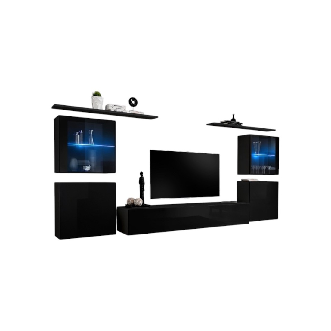 Meublorama - Ensemble Meuble Salon Mural Switch Xiv Design, Coloris Noir Brillant.