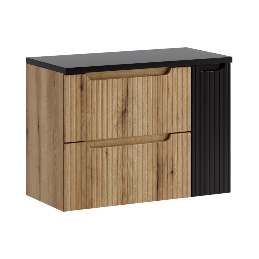 Ensemble De Salle De Bain Suspendu Vano Chêne Clair Et Noir 80cm: Meubles Sous Vasque À Tiroirs Et Placards + Plan Pour Vasque