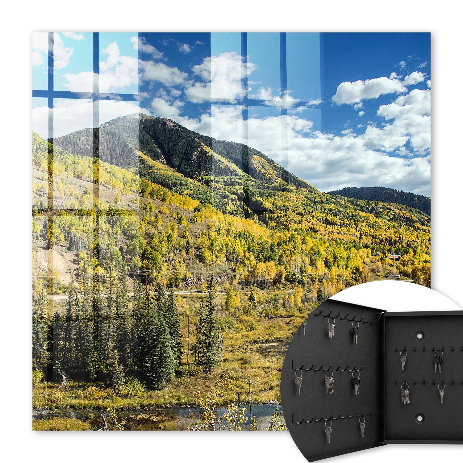 Armoire À Clés - (30 Cm X 30 Cm) - Boîte À Clés Murale - Coffret De Rangement Pour Clés - Couleur Noire - Ouverture Vers La Gauche - Pour Maison Et Bureau - Paysage D'Automne