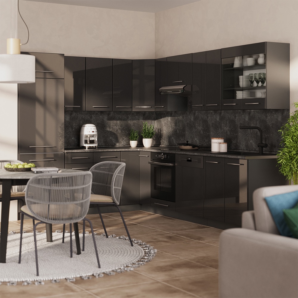 Cuisine En Angle Fame-line, Anthracite Haute Brillance/anthracite, 287 X 227 Cm, Pt Chêne, Vicco