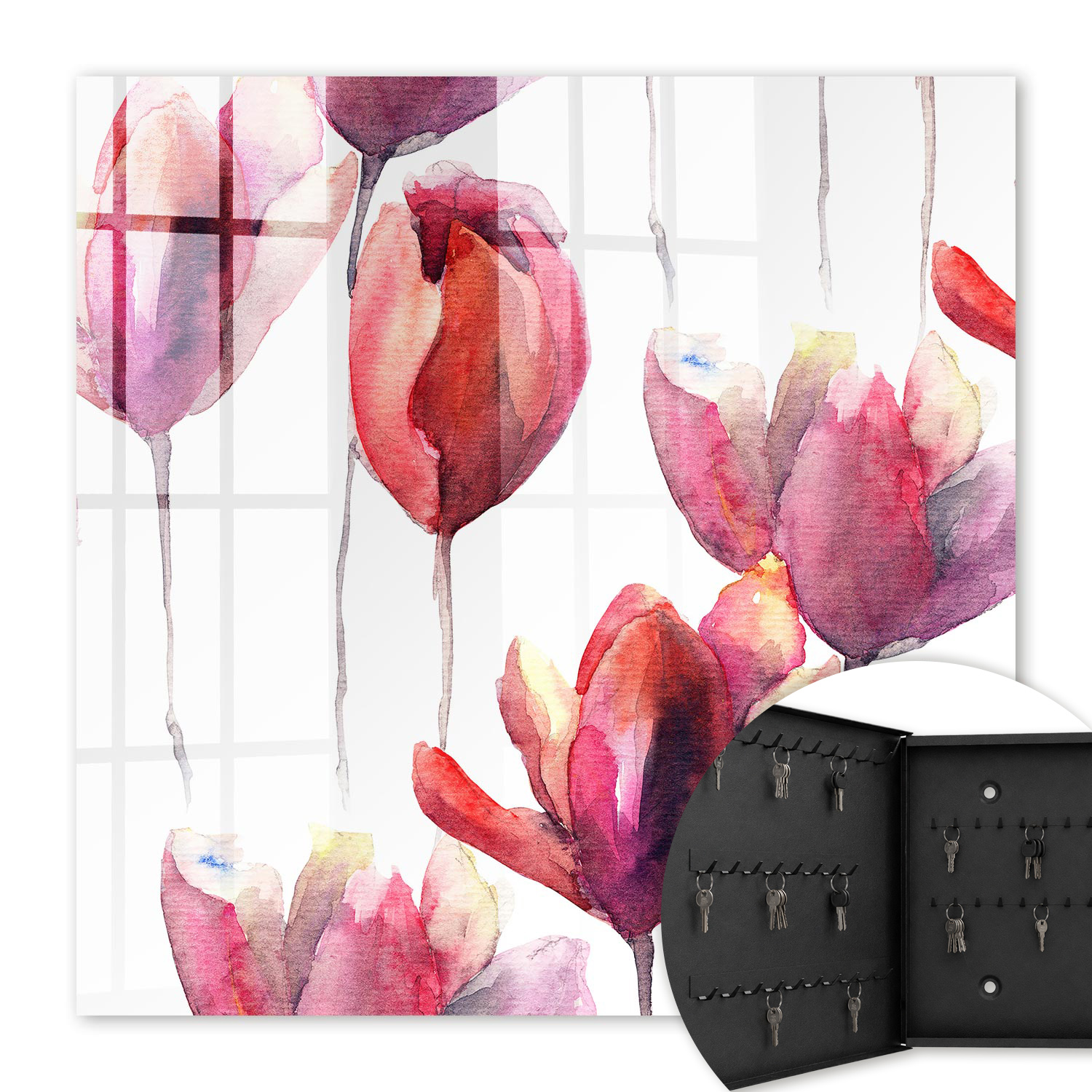 Armoire À Clés - (30 Cm X 30 Cm) - Boîte À Clés Murale - Coffret De Rangement Pour Clés - Couleur Noire - Ouverture Vers La Gauche - Pour Maison Et Bureau - Tulipes Aquarelle