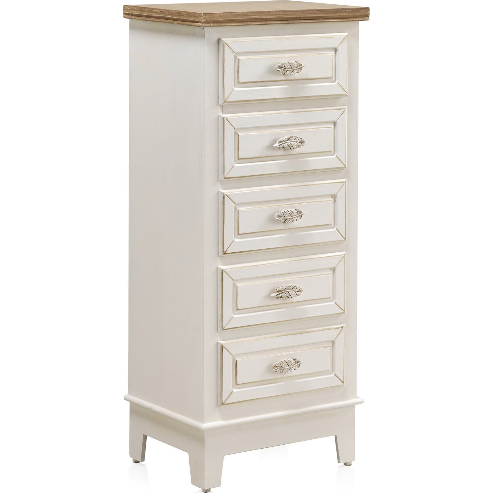 Commode Bois Blanc 5 Tiroirs Style Feuille Chic Et Authentique - Blanc Effet Bois Vieilli Et Marron