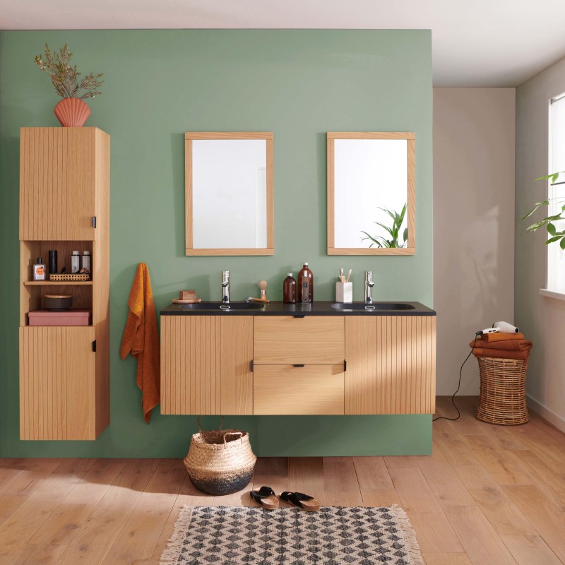 Meuble Studio Double Vasque 140cm Chêne, Robinets, Miroirs, Colonne