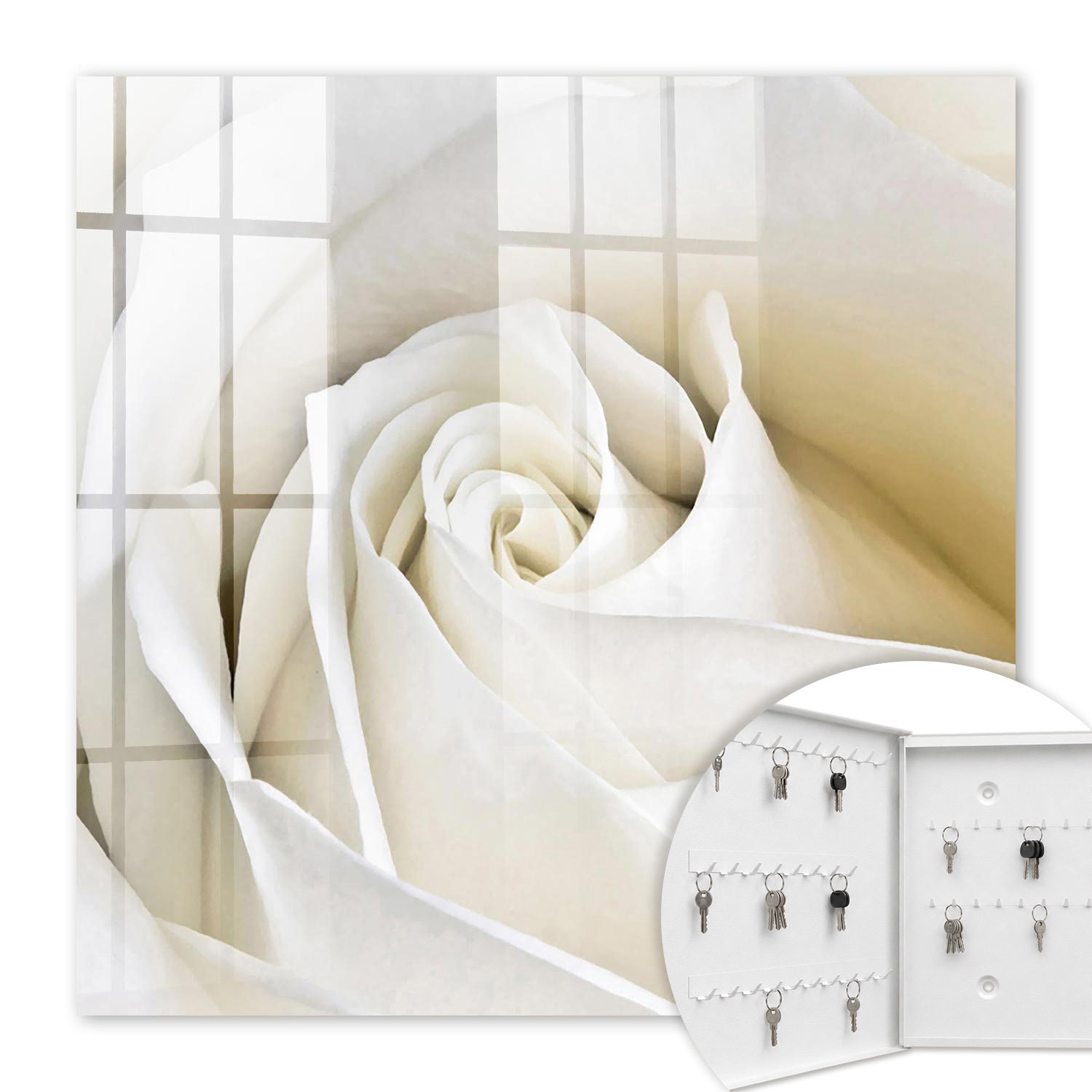 Armoire À Clés - (30 Cm X 30 Cm) - Boîte À Clés Murale - Coffret De Rangement Pour Clés - Couleur Blanche - Ouverture Vers La Gauche - Pour Maison Et Bureau - Rose Blanche