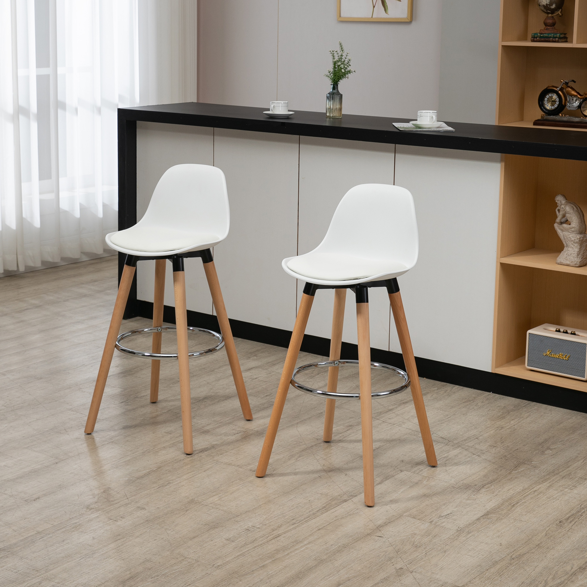 Redom Lot De 2 Chaises De Salle À Manger Avec Dossier, Assise Rembourrée, Repose Pieds, Hêtre Acier Cuir Reconstitué Blanc