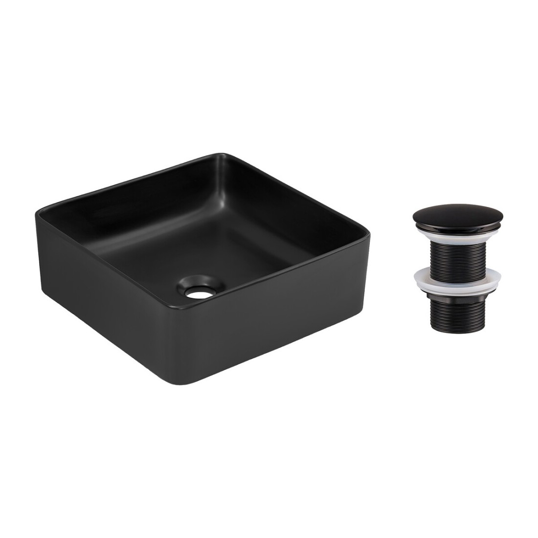 Vasque À Poser Carrée 37x37 Cm Noir Mat Avec Bonde Clic-clac Noire Incluse