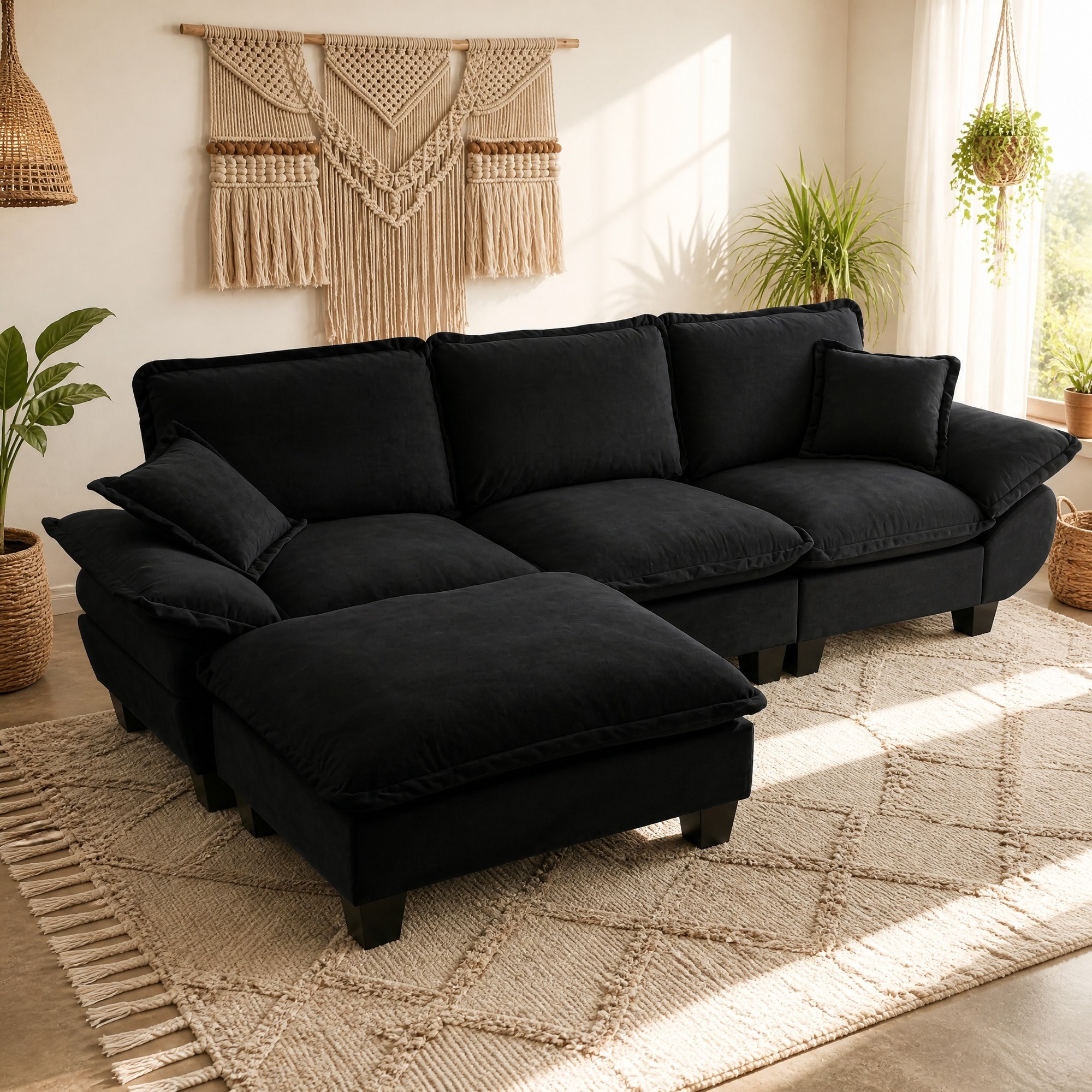 Sofá Esquinero Modular 263x151x90 Cm, Con Otomana Móvil, Chenilla Negra