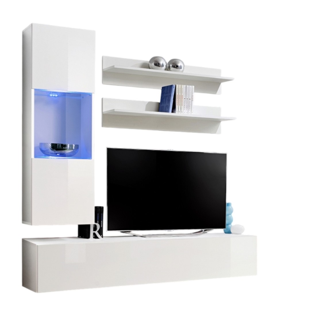 Meublorama - Meuble Tv Fly H3 Design, Coloris Blanc Brillant. Meuble Suspendu Moderne Et Tendance Pour Votre Salon.