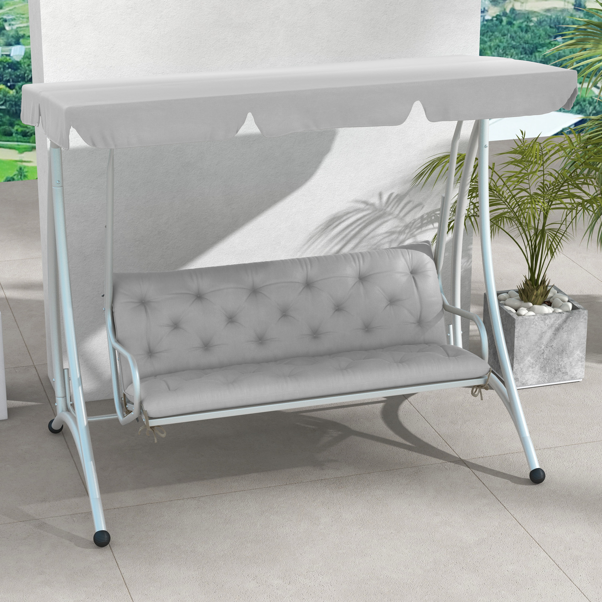Coussin De Banc 3 Places 150 X 98 X 8 Cm En Polyester, Gris Clair, Avec Sangles