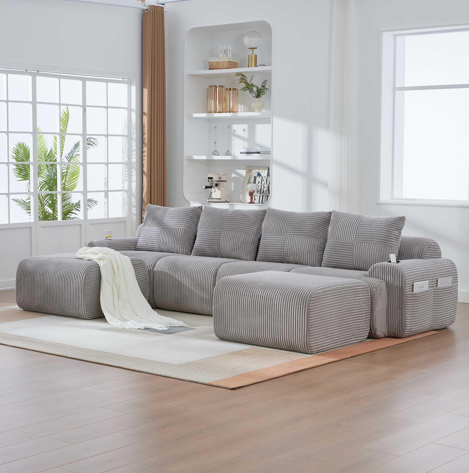 Redom - Canapé Modulable 4 Places, Avec Porte Gobelet Et Poche Latérale, Tissu Corduroy, Gris Clair