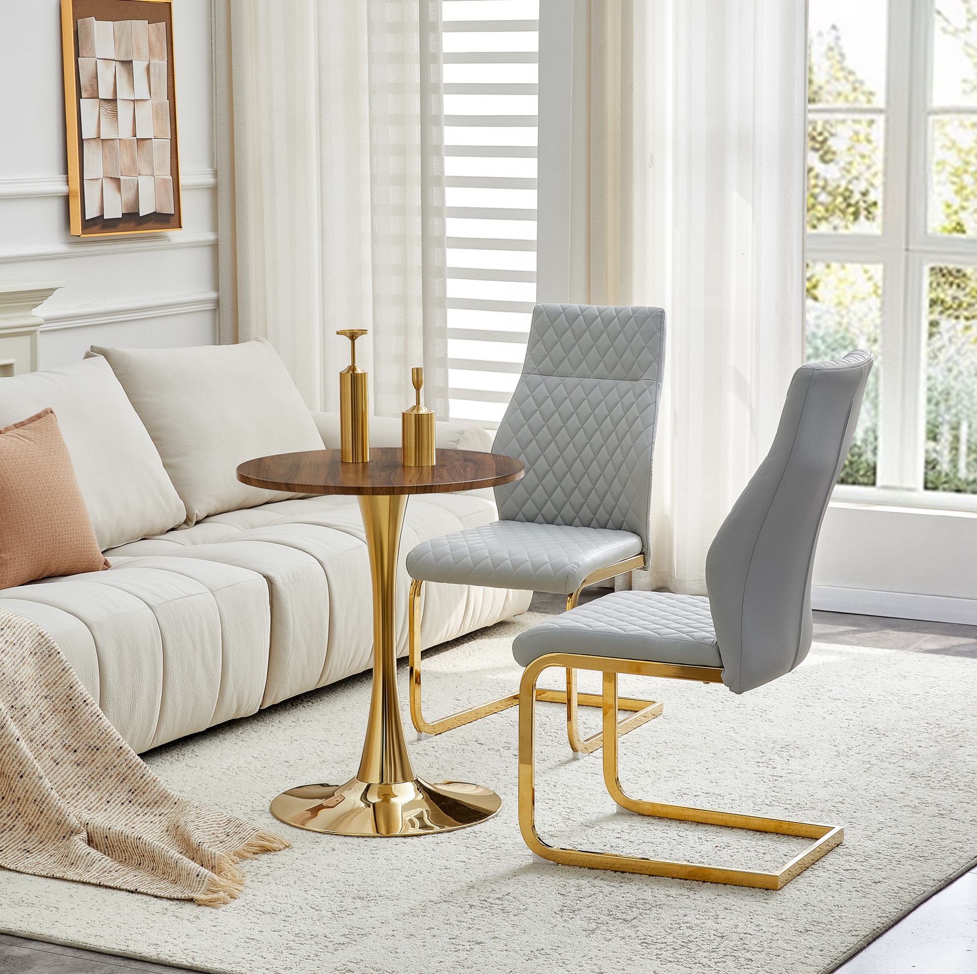 Ensemble Table Ronde 60 Cm En Mdf Effet Noyer Avec 2 Chaises Gris Clair Et Structure Dorée
