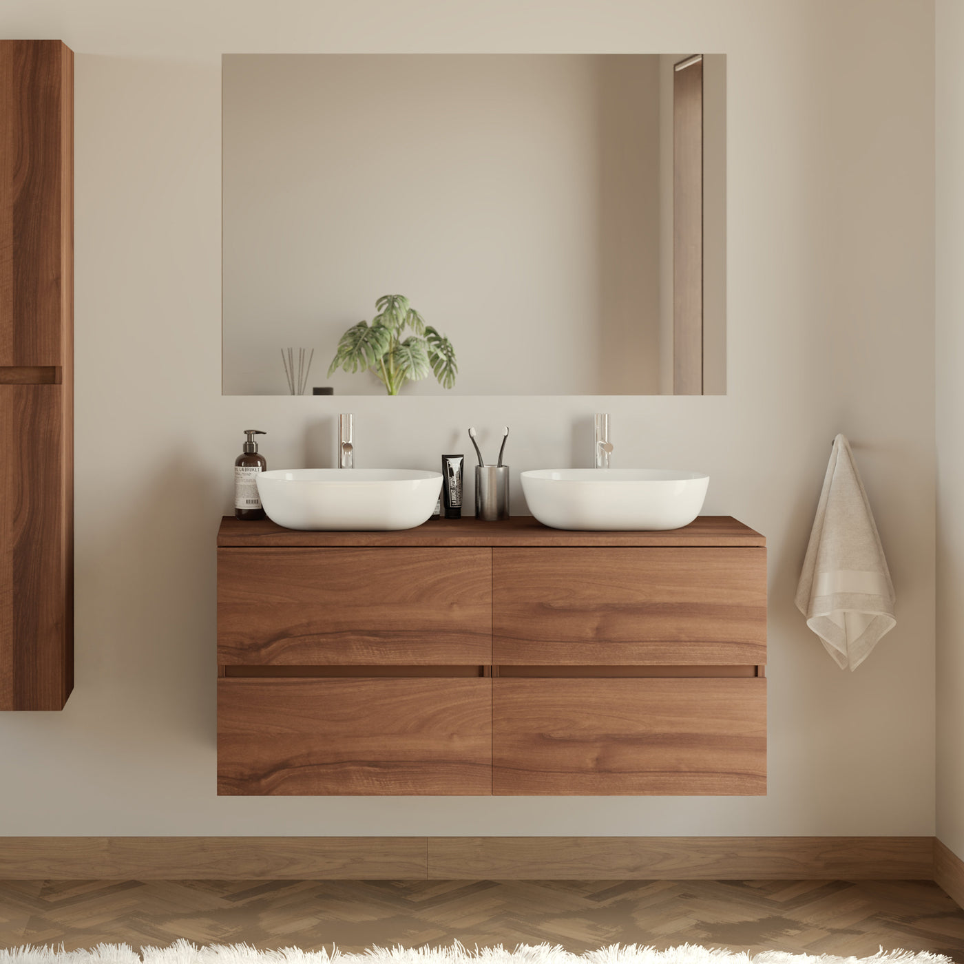 Meuble De Salle De Bain 140cm Avec Plateau Et 2 Vasques À Poser Arrondies - 4 Tiroirs - Noyer (bois Foncé) - Ida