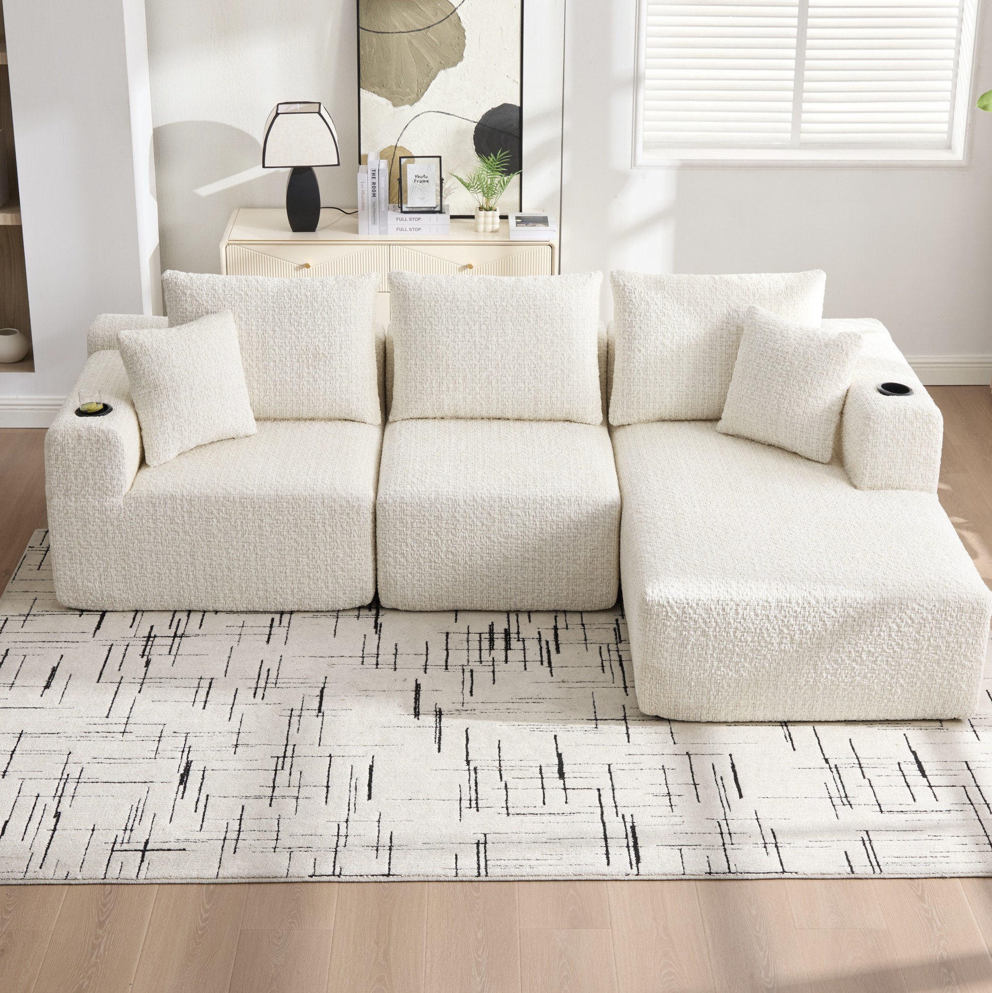 Canapé D'Angle En L 3 Places En Tissu Beige Avec Dossiers, Porte-gobelets Et Poches